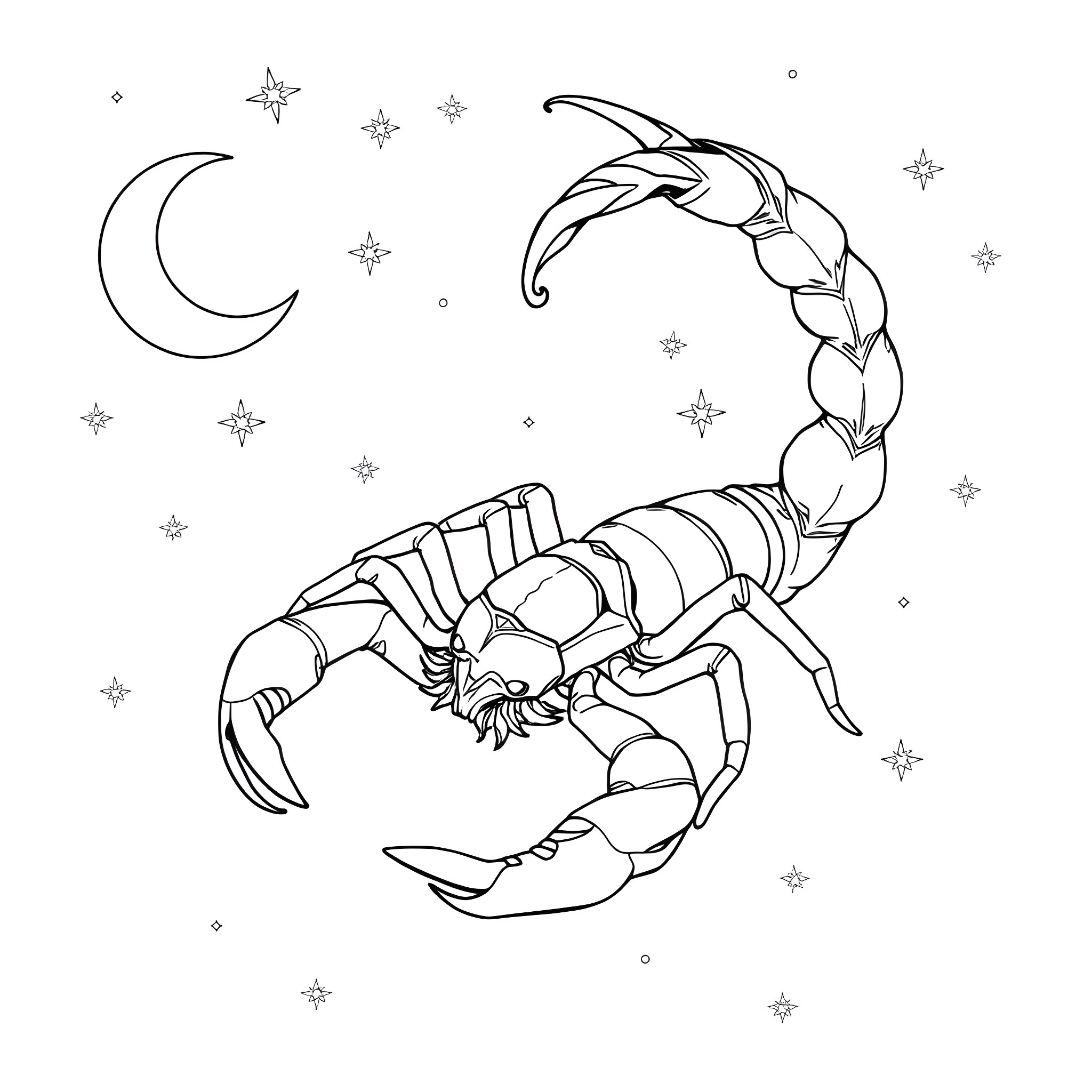 Scorpio scorpion under the starry night sky Coloring Page (free black-and-white line drawing printable PDF for all, from beginners to advanced learners, including children, teens, adults, and seniors)