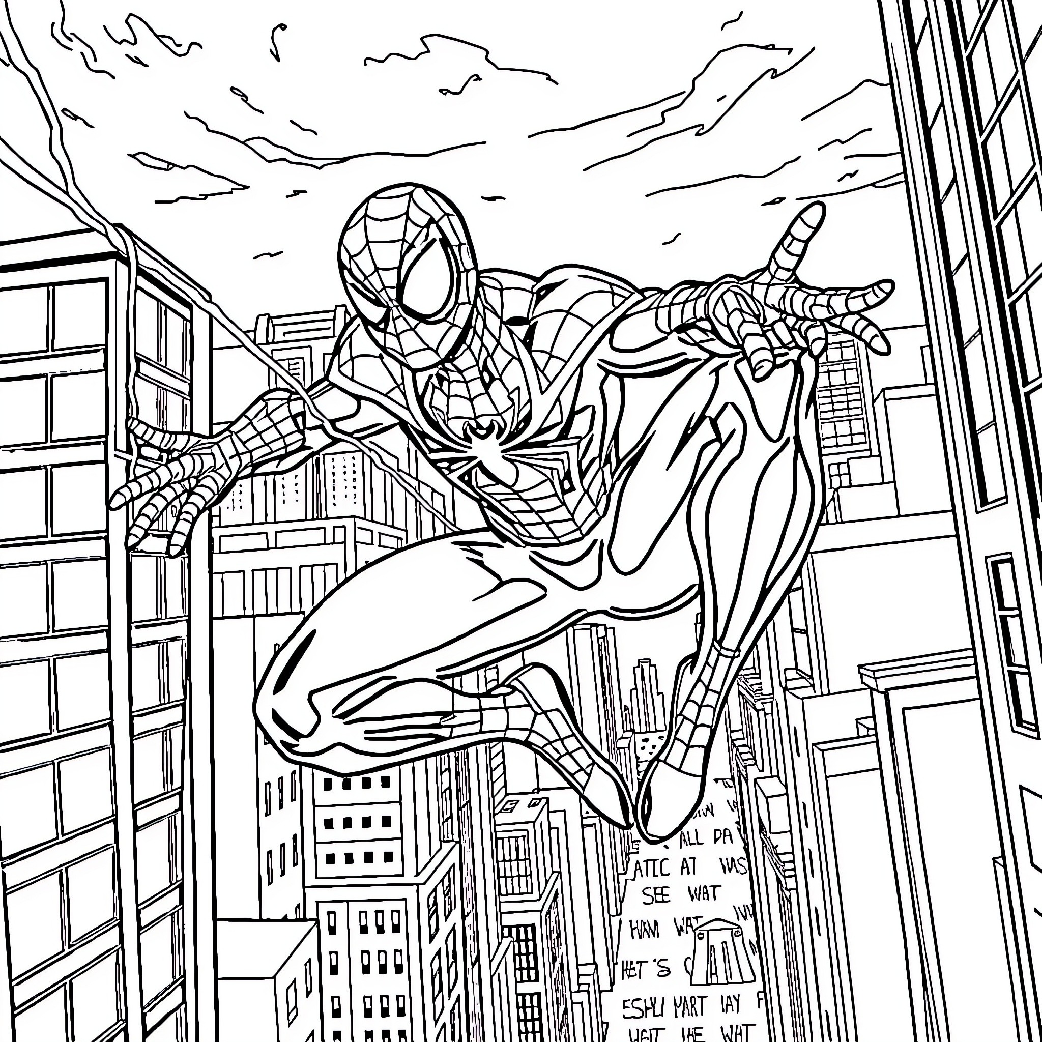Spider-Man swinging through the city in action Coloring Page (free black-and-white line drawing printable PDF for all, from beginners to advanced learners, including children, teens, adults, and seniors)