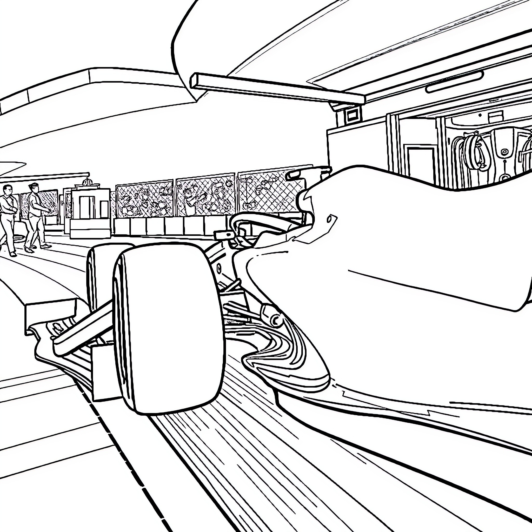 Formula 1 Car Zooming Through Pit Stop Coloring Page (free black-and-white line drawing printable PDF for all, from beginners to advanced learners, including children, teens, adults, and seniors)