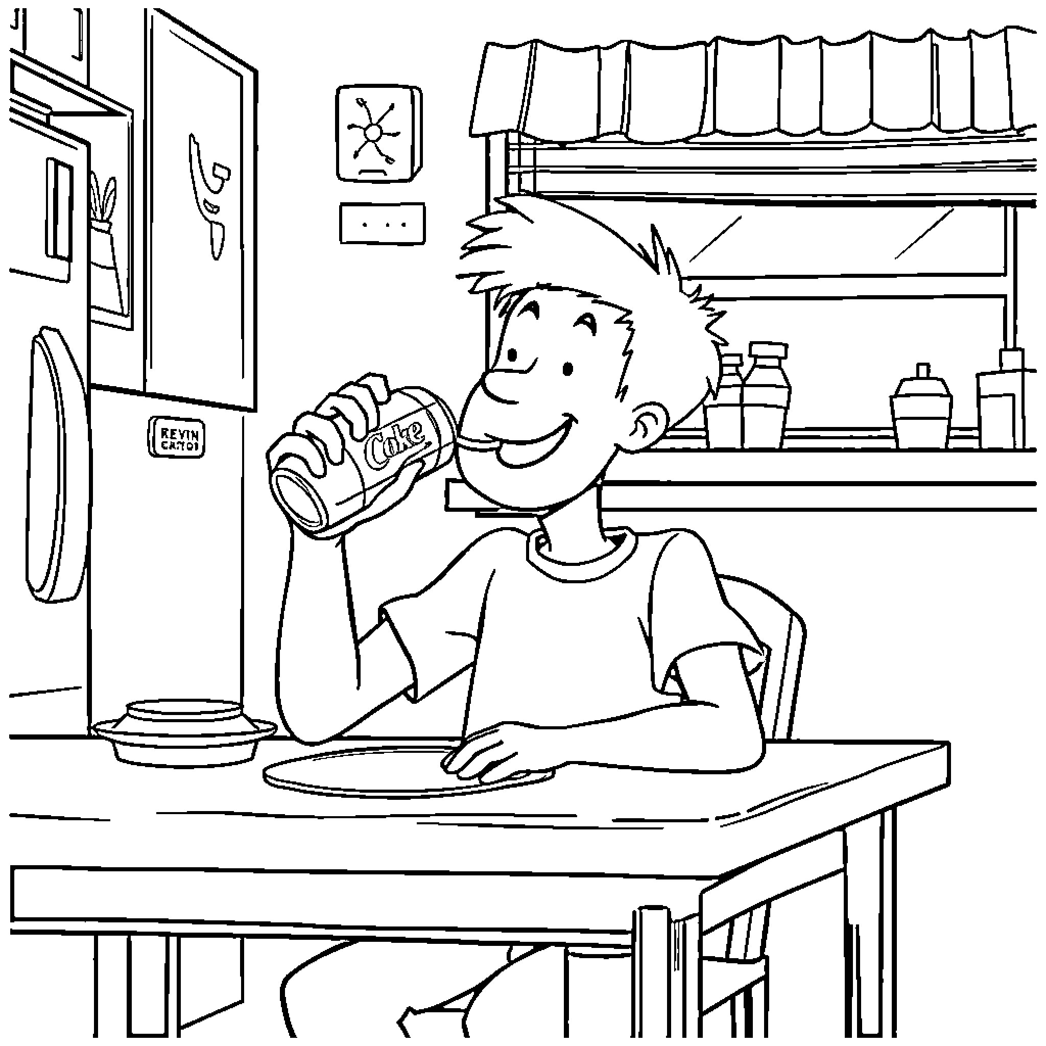 Kevin enjoying a refreshing drink in the kitchen Coloring Page (free black-and-white line drawing printable PDF for all, from beginners to advanced learners, including children, teens, adults, and seniors)