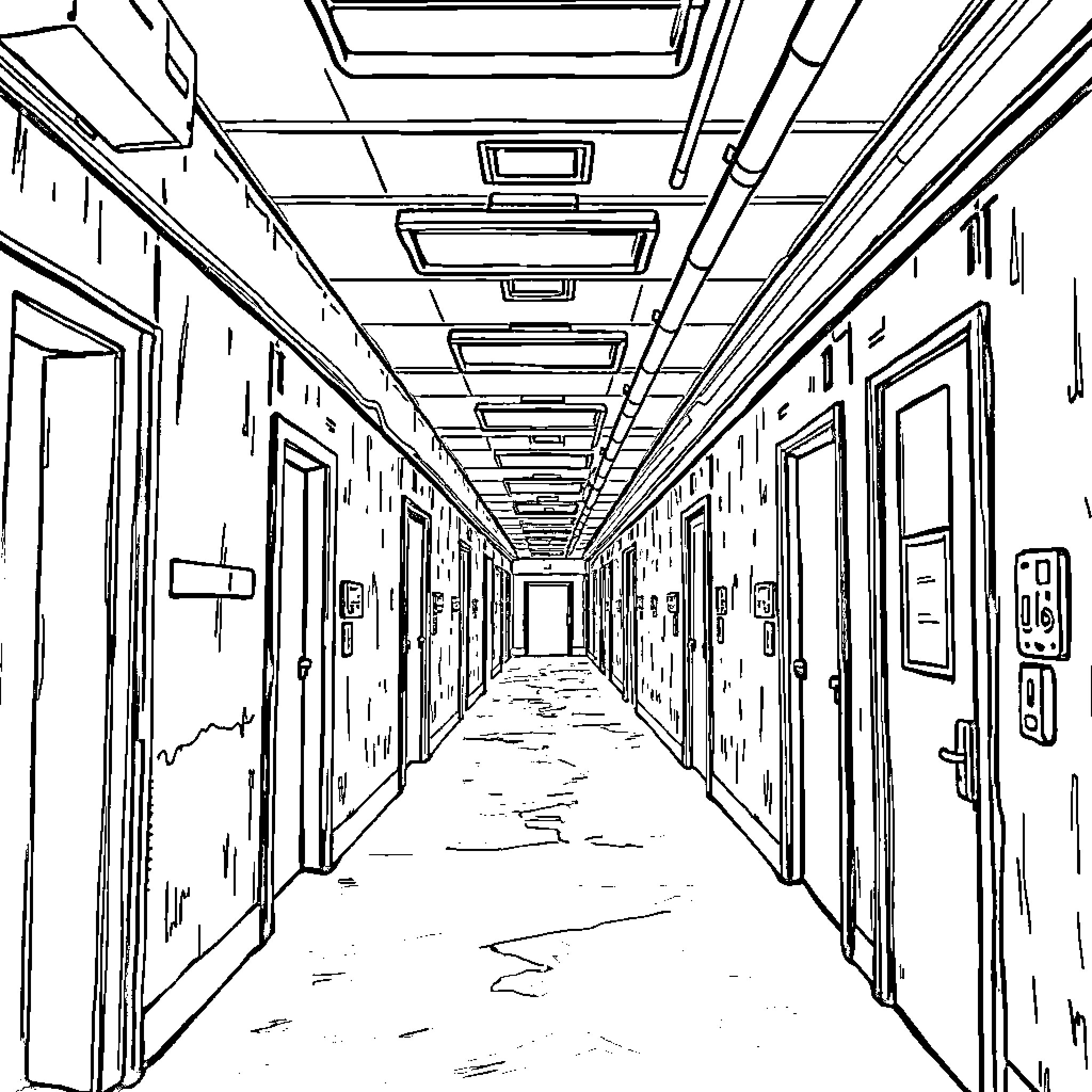 Backrooms - Eerie Abandoned Hallway Coloring Page (free black-and-white line drawing printable PDF for all, from beginners to advanced learners, including children, teens, adults, and seniors)