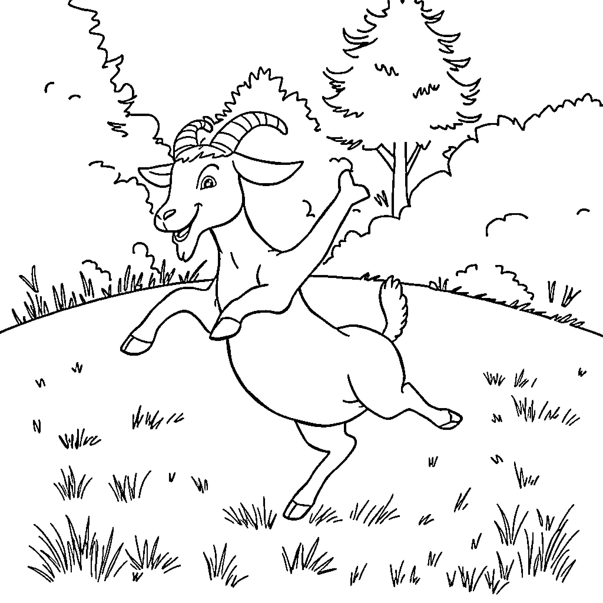 Goat skipping joyfully through the meadow Coloring Page (free black-and-white line drawing printable PDF for all, from beginners to advanced learners, including children, teens, adults, and seniors)