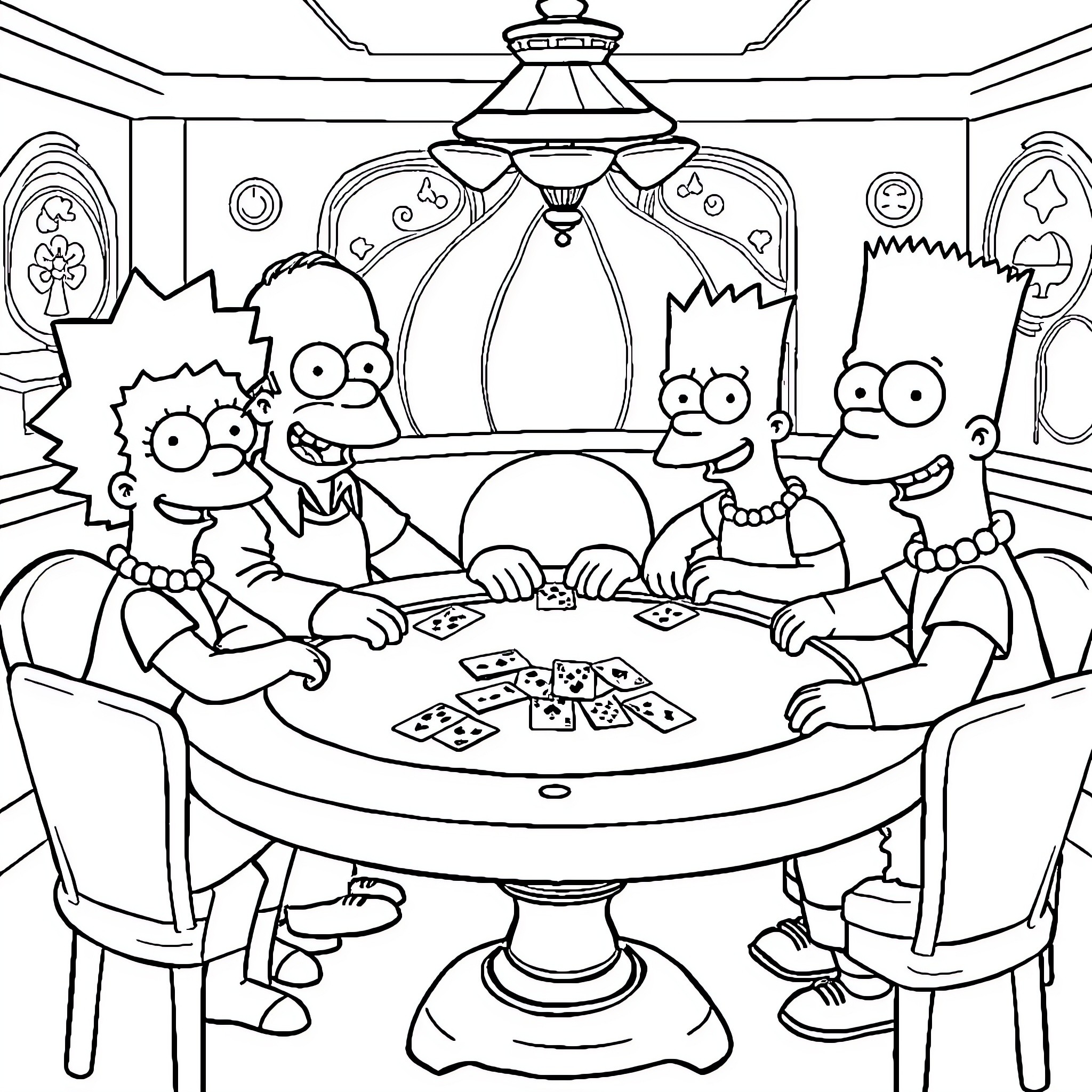 Simpson family playing cards in living room Coloring Page (free black-and-white line drawing printable PDF for all, from beginners to advanced learners, including children, teens, adults, and seniors)