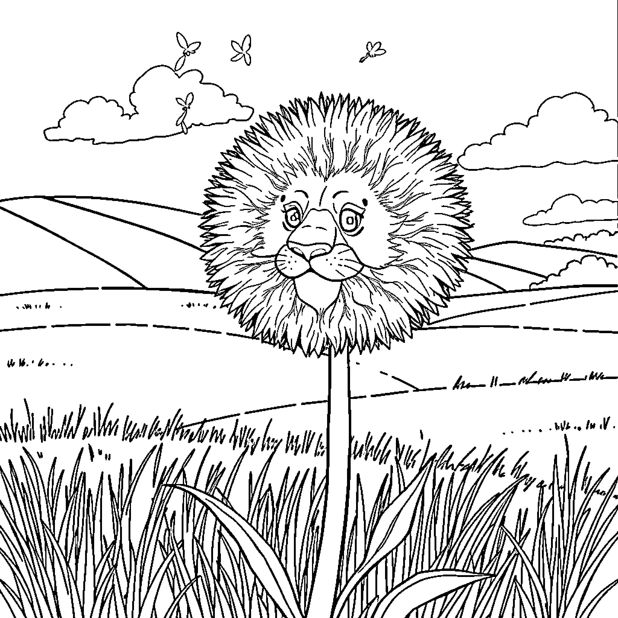 Dandelion blooming in serene countryside landscape Coloring Page (free black-and-white line drawing printable PDF for all, from beginners to advanced learners, including children, teens, adults, and seniors)
