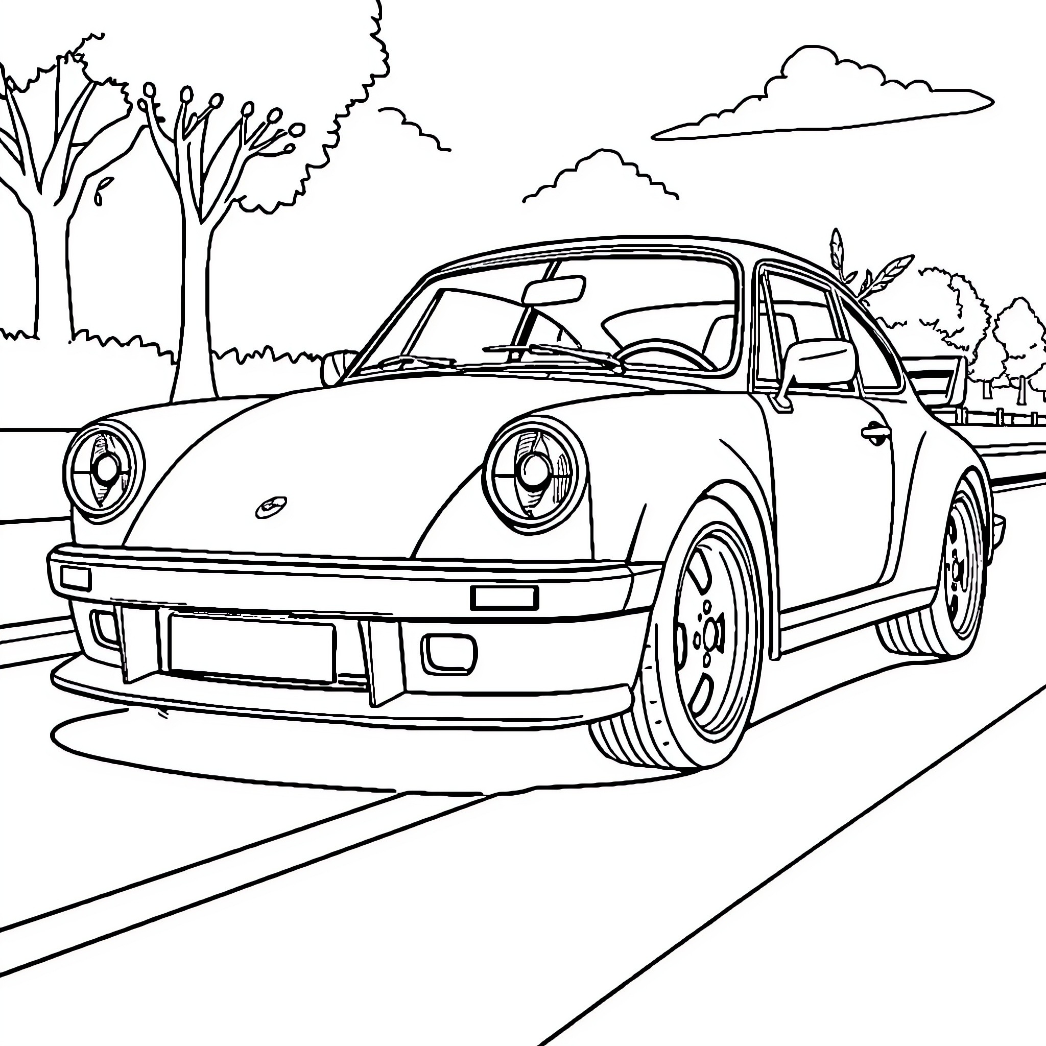 Car in a scenic outdoor landscape Coloring Page (free black-and-white line drawing printable PDF for all, from beginners to advanced learners, including children, teens, adults, and seniors)