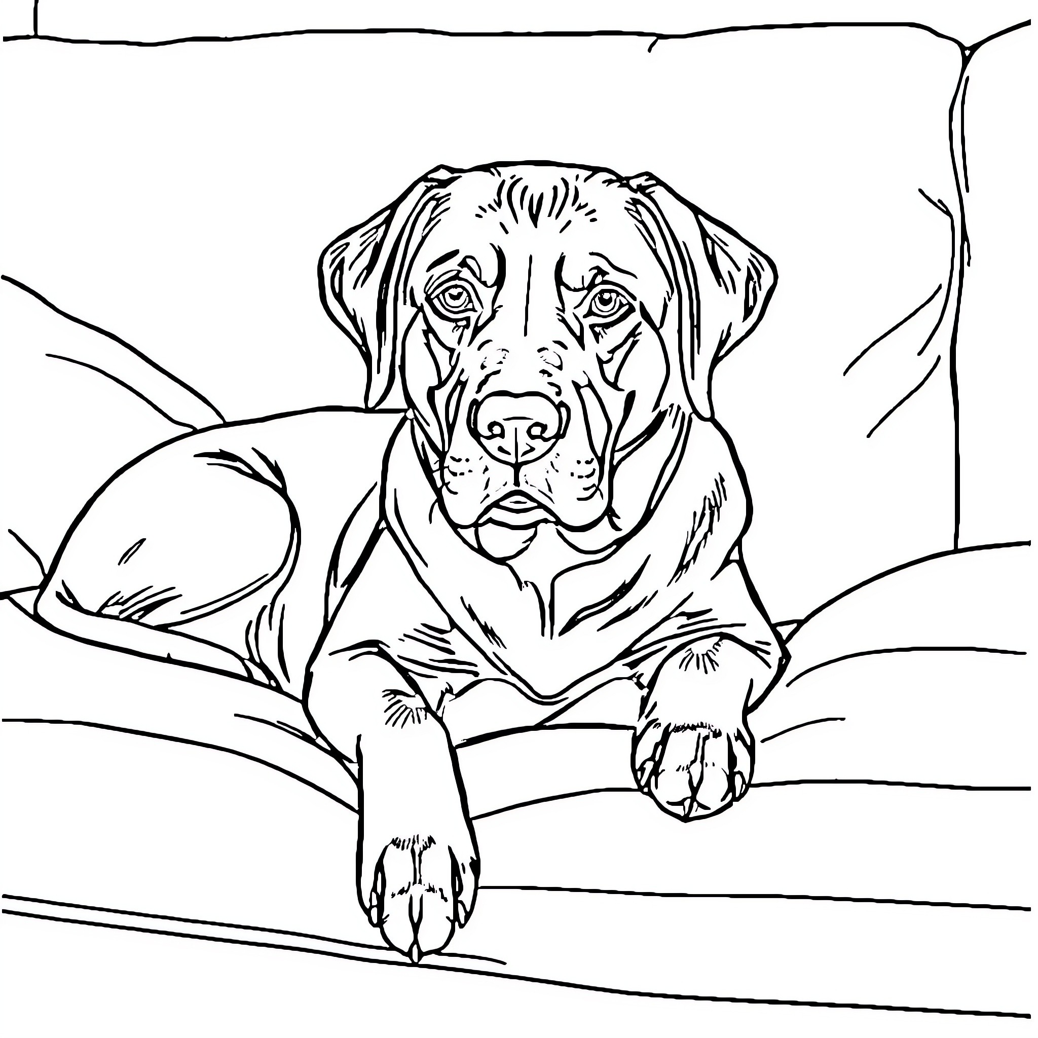 Dog resting in the yard Coloring Page (free black-and-white line drawing printable PDF for all, from beginners to advanced learners, including children, teens, adults, and seniors)