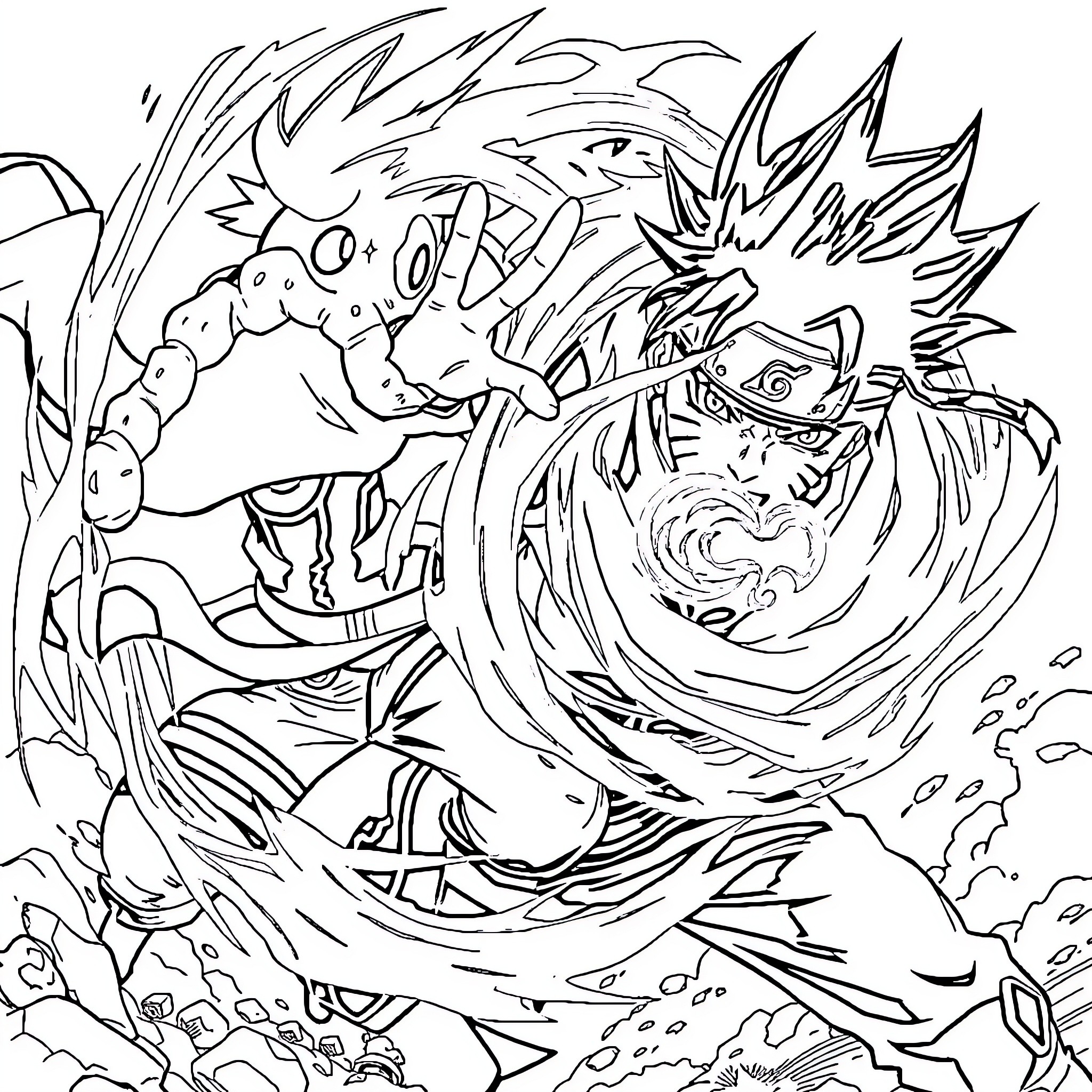 Naruto battling fierce enemy with powerful chakra Coloring Page (free black-and-white line drawing printable PDF for all, from beginners to advanced learners, including children, teens, adults, and seniors)