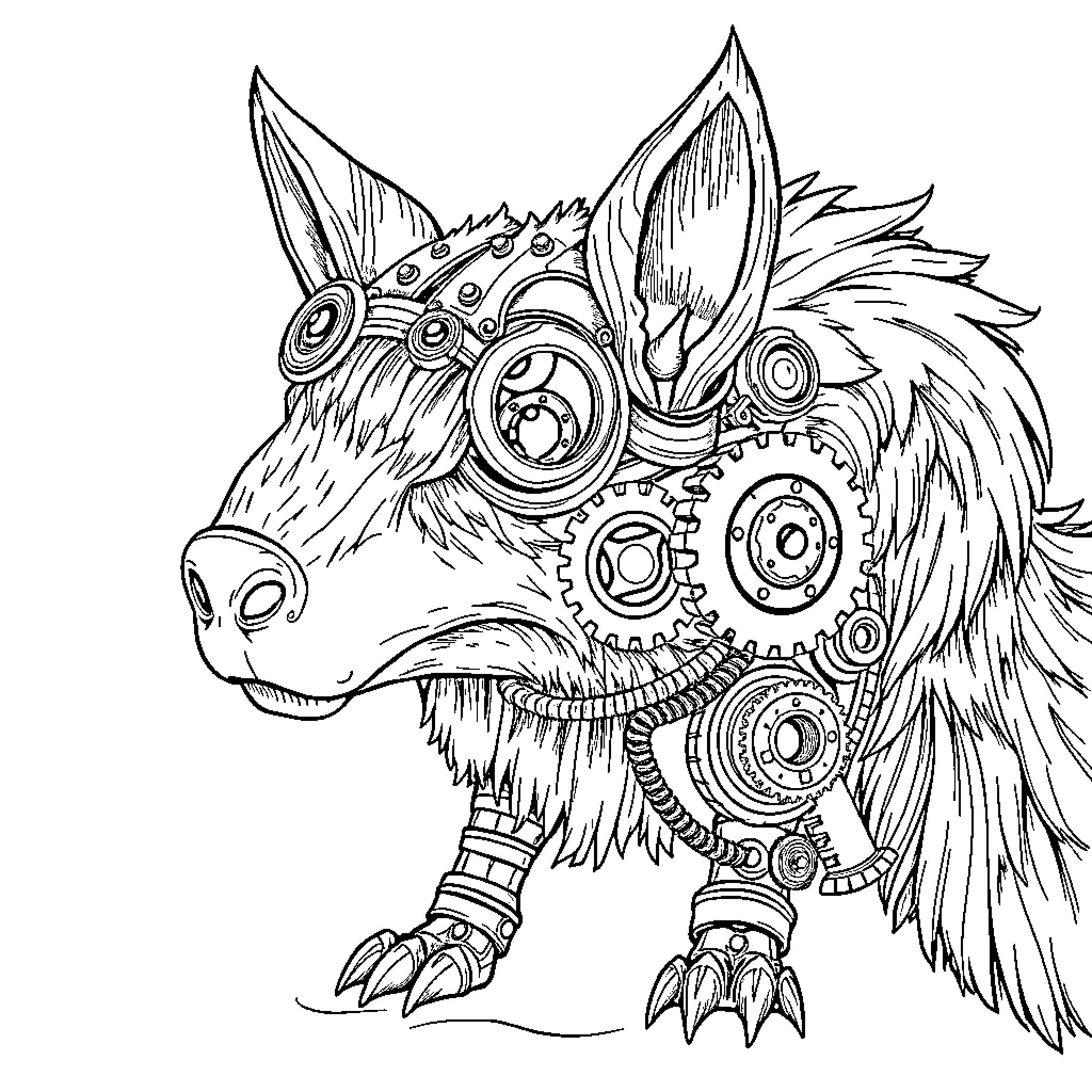 Steampunk Animal with Mechanical Accessories Coloring Page (free black-and-white line drawing printable PDF for all, from beginners to advanced learners, including children, teens, adults, and seniors)