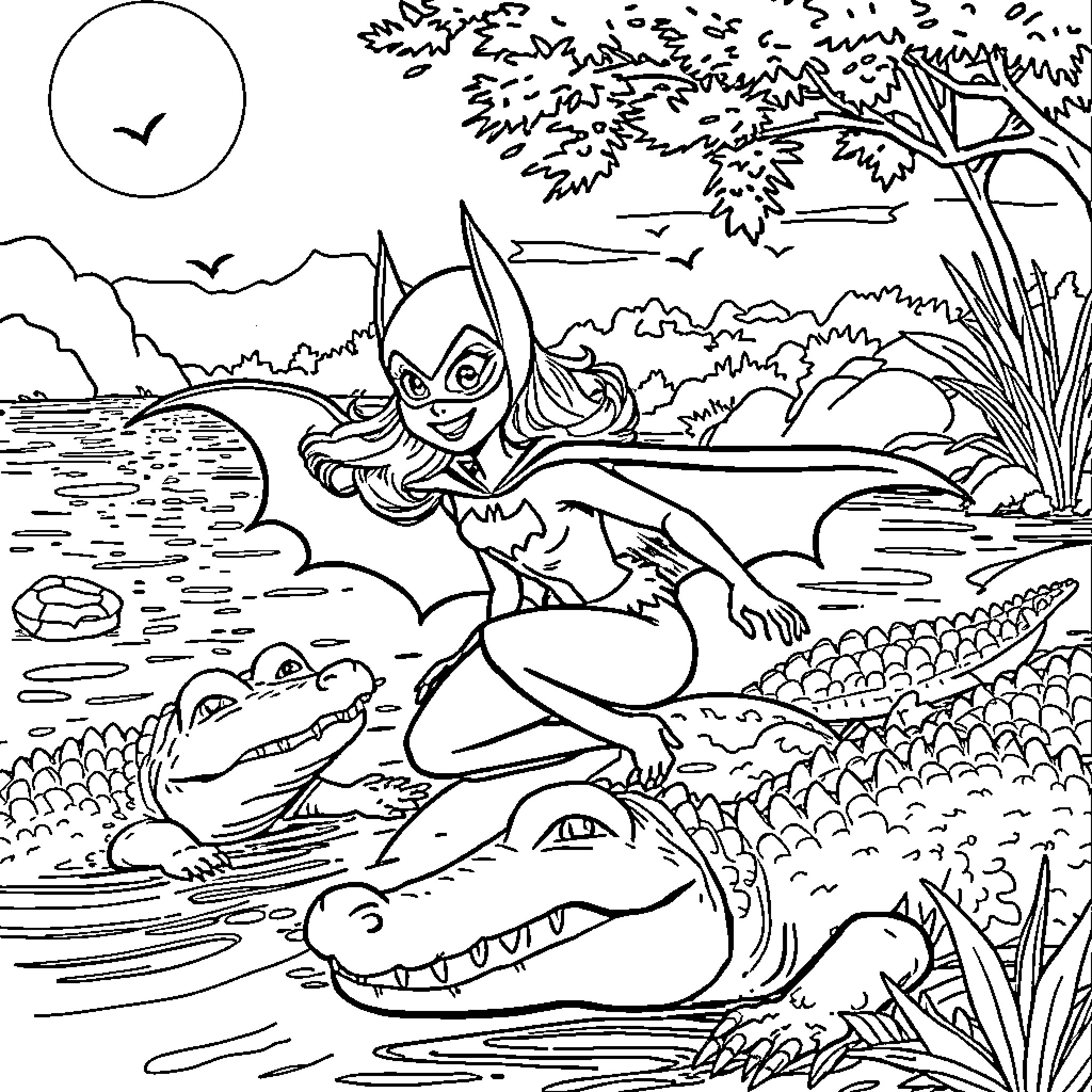 Batgirl exploring a whimsical underwater world Coloring Page (free black-and-white line drawing printable PDF for all, from beginners to advanced learners, including children, teens, adults, and seniors)