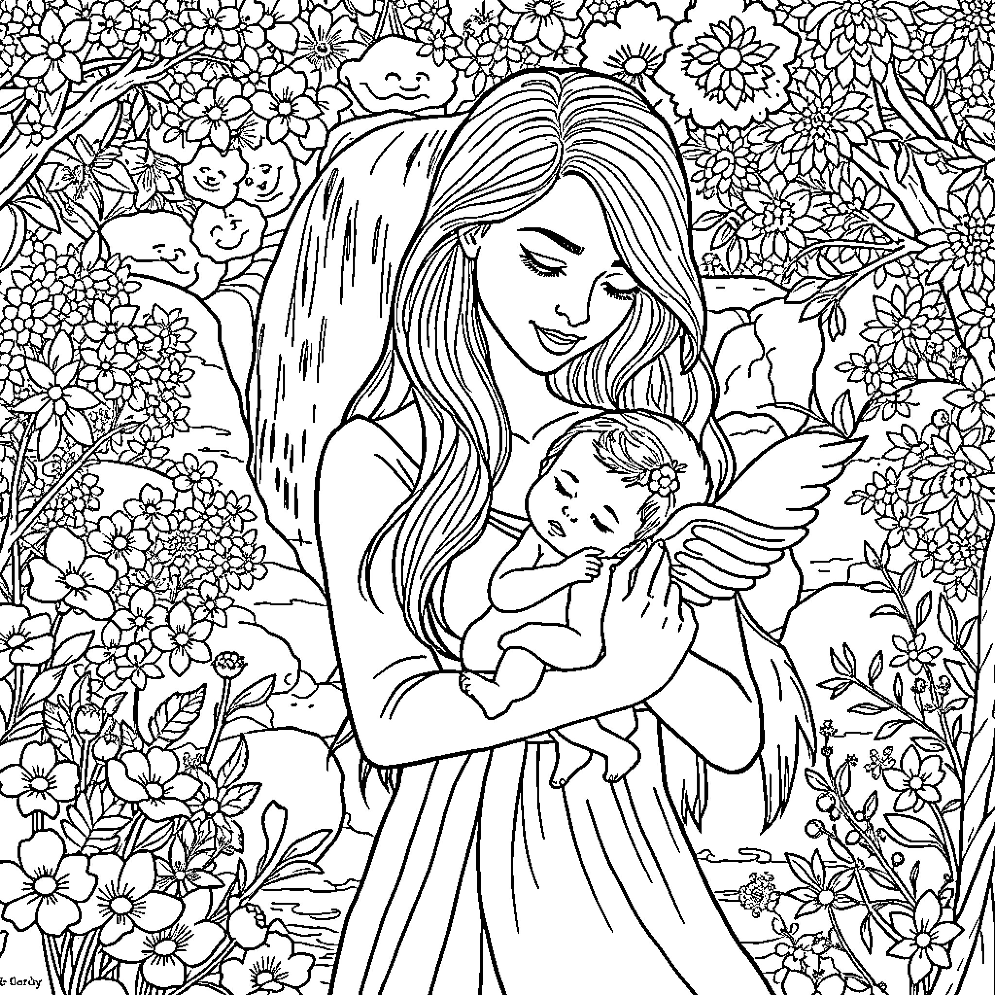 Mujer amorosa sosteniendo bebé en campo de flores Coloring Page (free black-and-white line drawing printable PDF for all, from beginners to advanced learners, including children, teens, adults, and seniors)