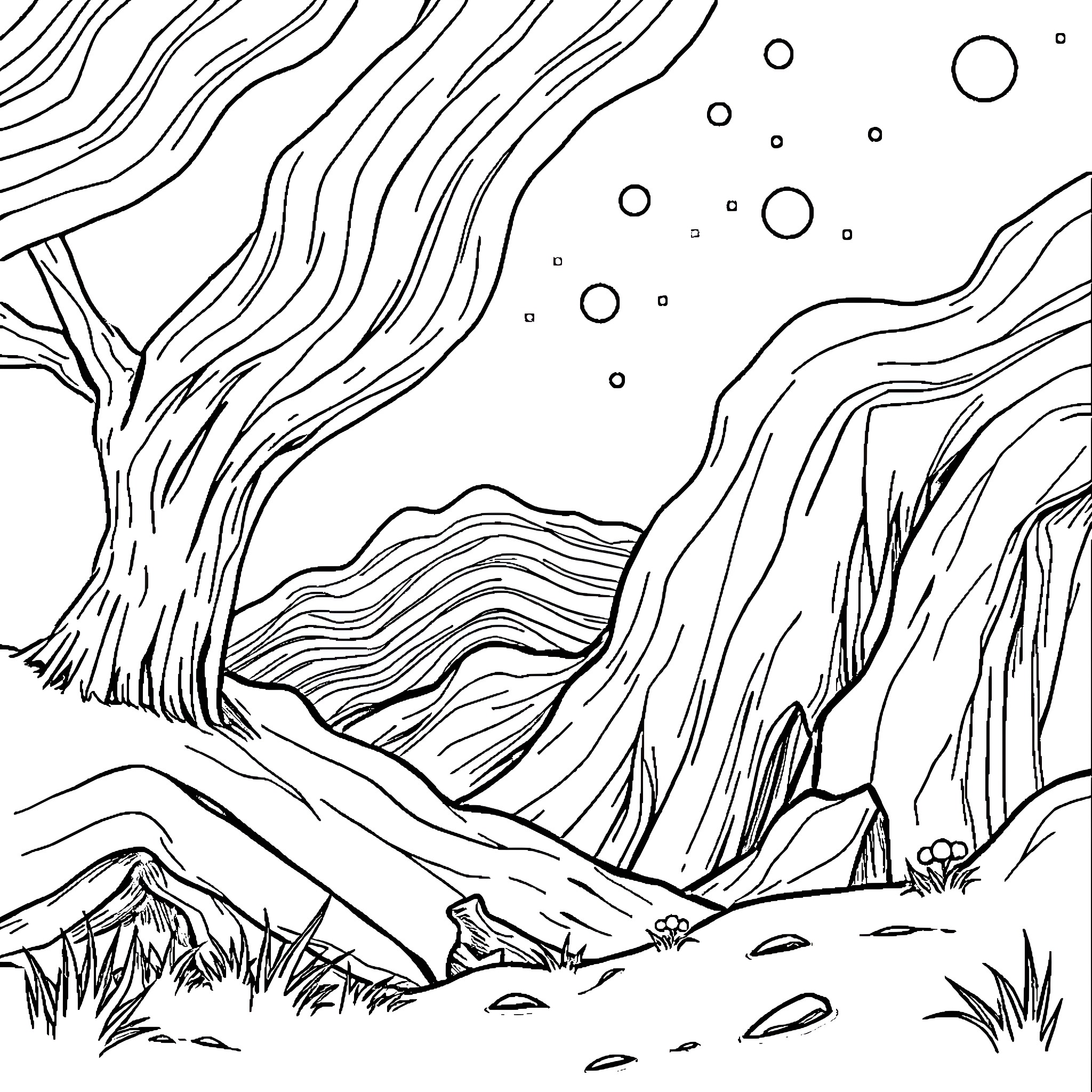 I Don't Know Flowing Scenery with Bubbles Coloring Page (free black-and-white line drawing printable PDF for all, from beginners to advanced learners, including children, teens, adults, and seniors)