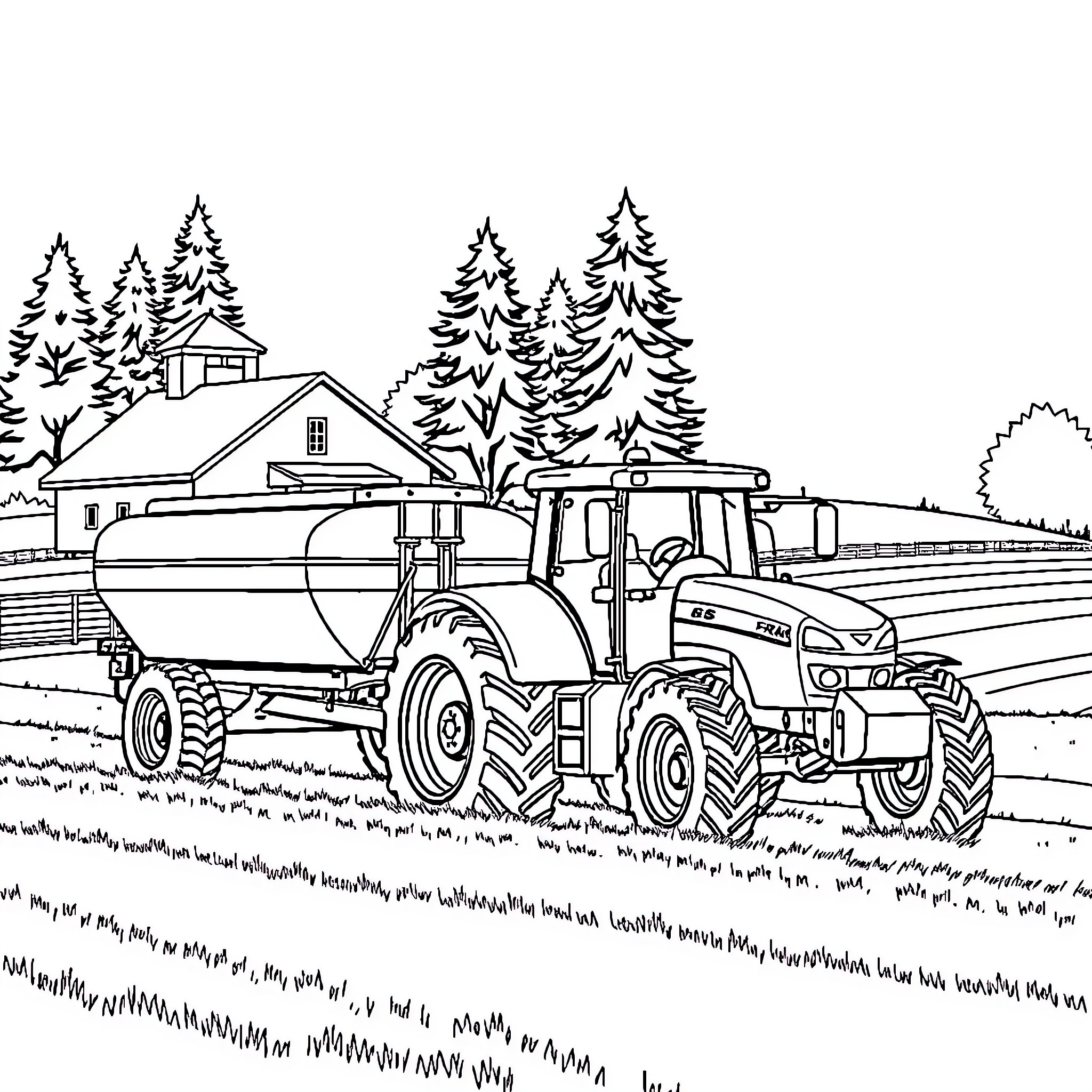 Tractor harvesting crops on a farm in a rural landscape Coloring Page (free black-and-white line drawing printable PDF for all, from beginners to advanced learners, including children, teens, adults, and seniors)