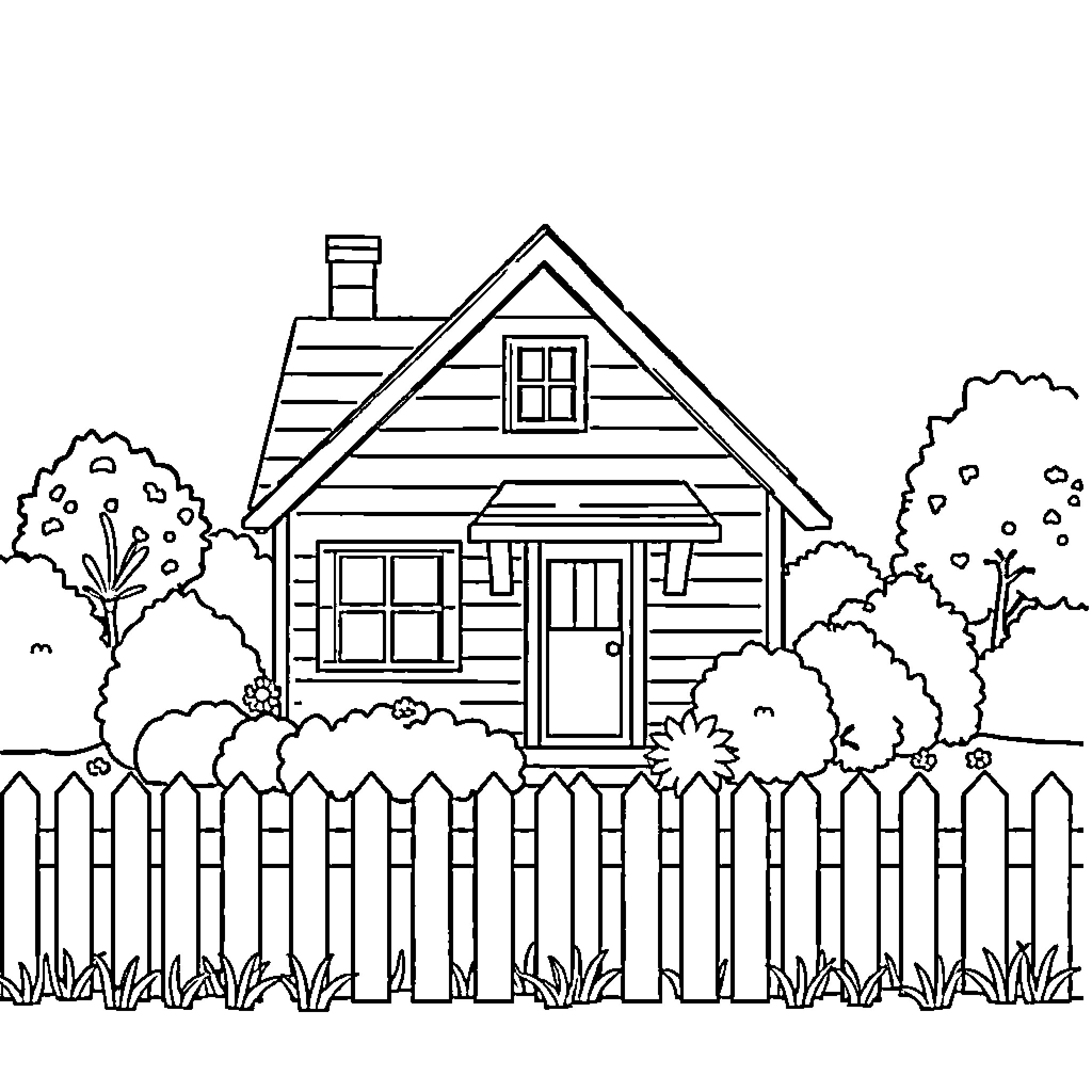 House in a serene countryside setting Coloring Page (free black-and-white line drawing printable PDF for all, from beginners to advanced learners, including children, teens, adults, and seniors)