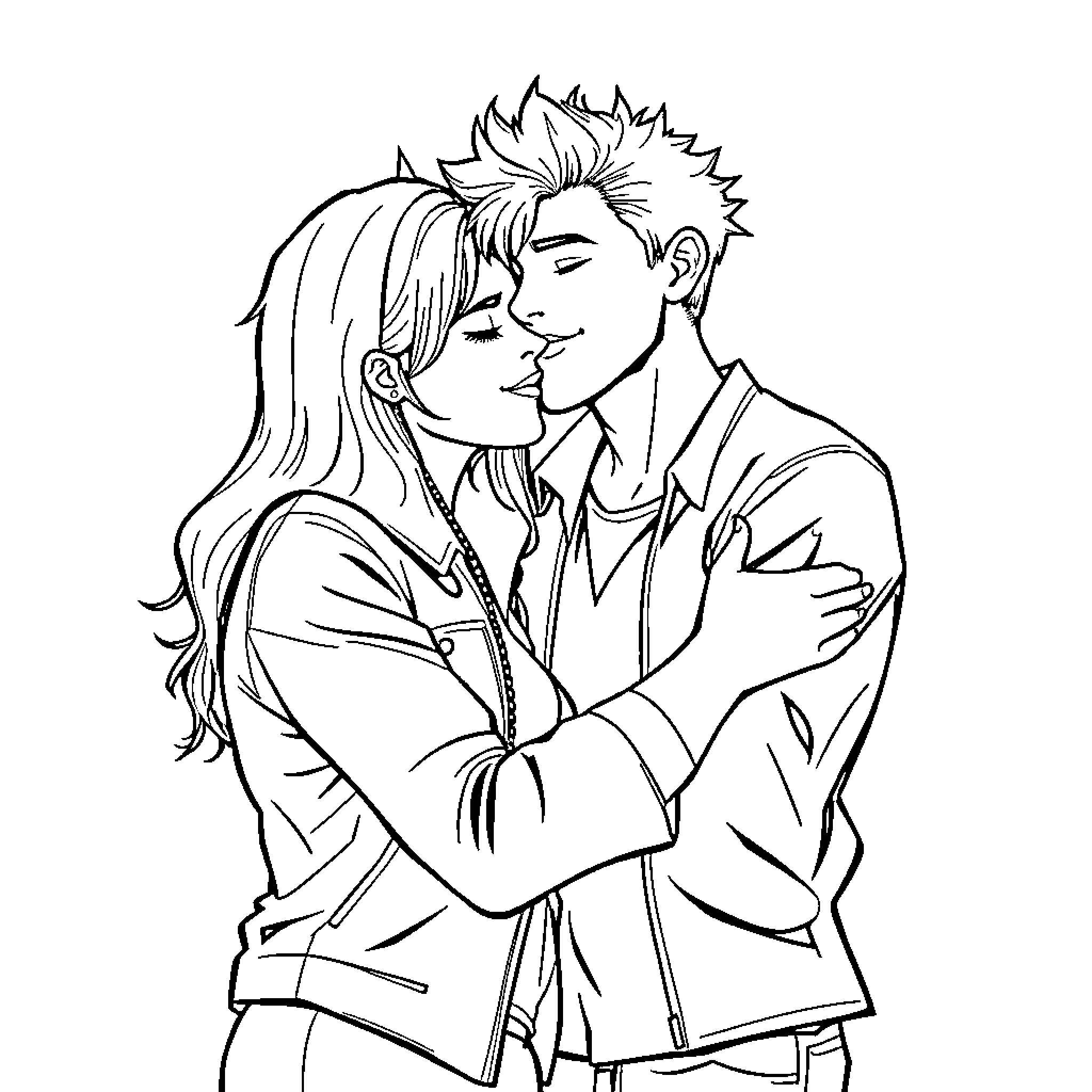 Danny Fenton embracing his love interest Coloring Page (free black-and-white line drawing printable PDF for all, from beginners to advanced learners, including children, teens, adults, and seniors)