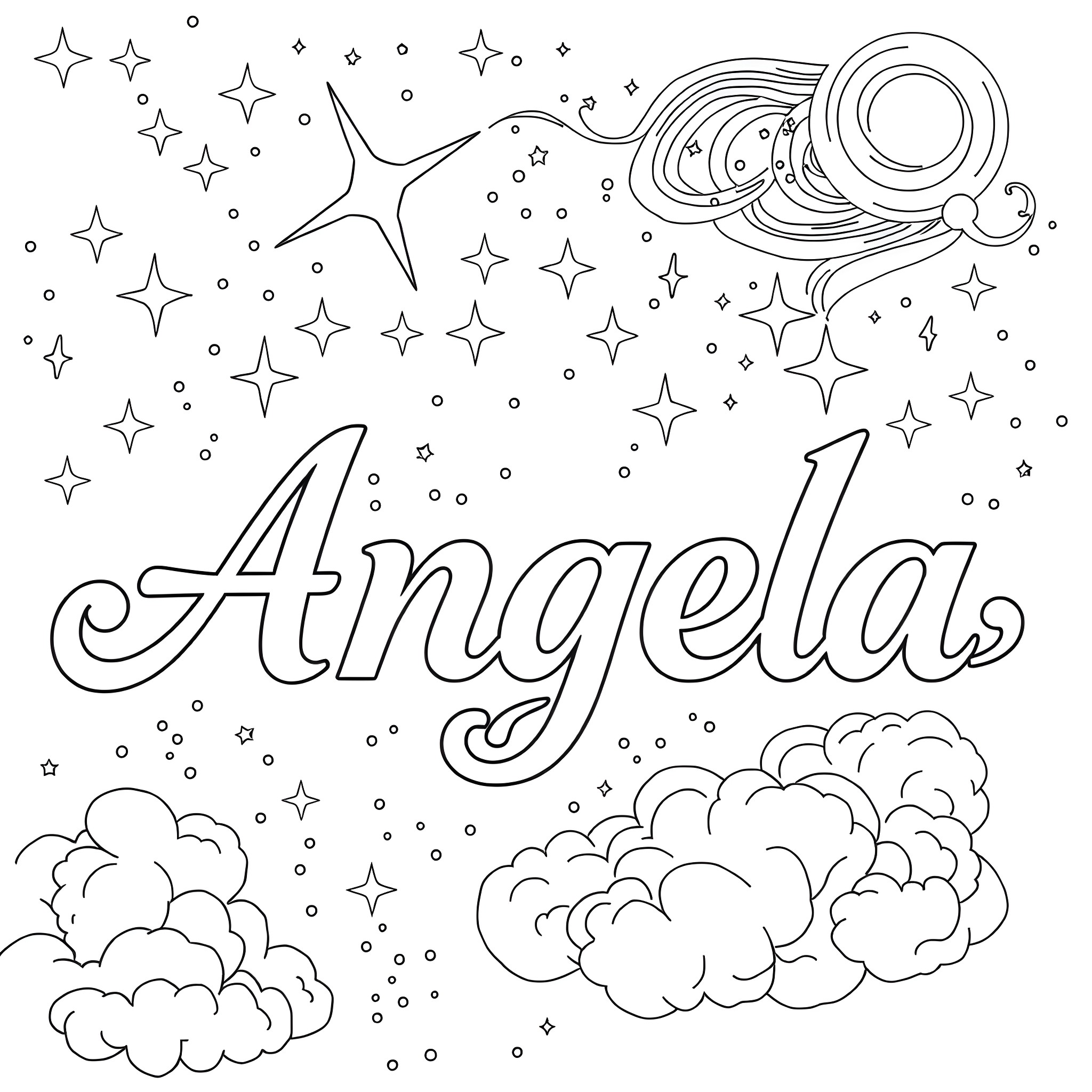 Angela's cosmic adventure in the starry sky Coloring Page (free black-and-white line drawing printable PDF for all, from beginners to advanced learners, including children, teens, adults, and seniors)
