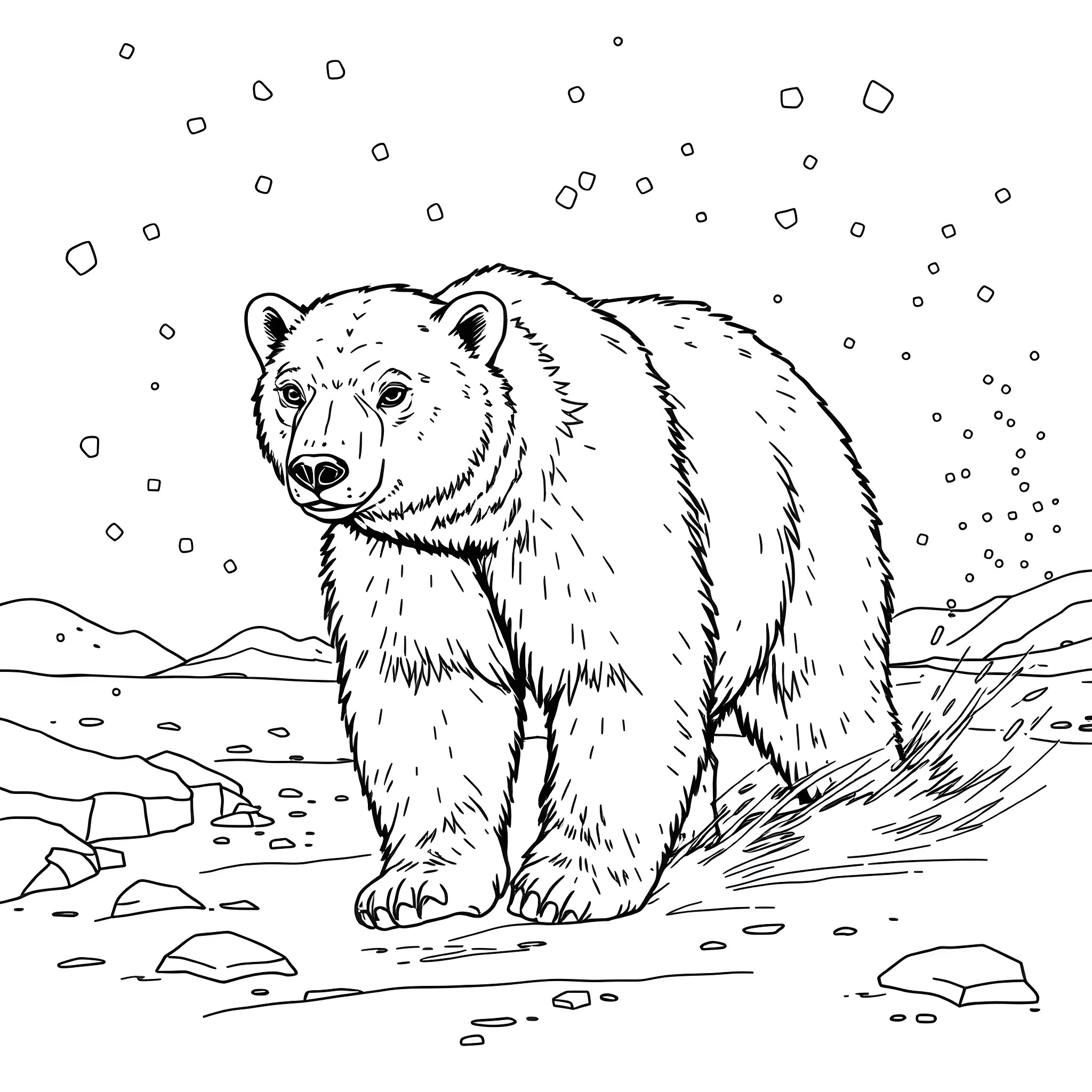 Polar Bear in Snowy Landscape Coloring Page (free black-and-white line drawing printable PDF for all, from beginners to advanced learners, including children, teens, adults, and seniors)