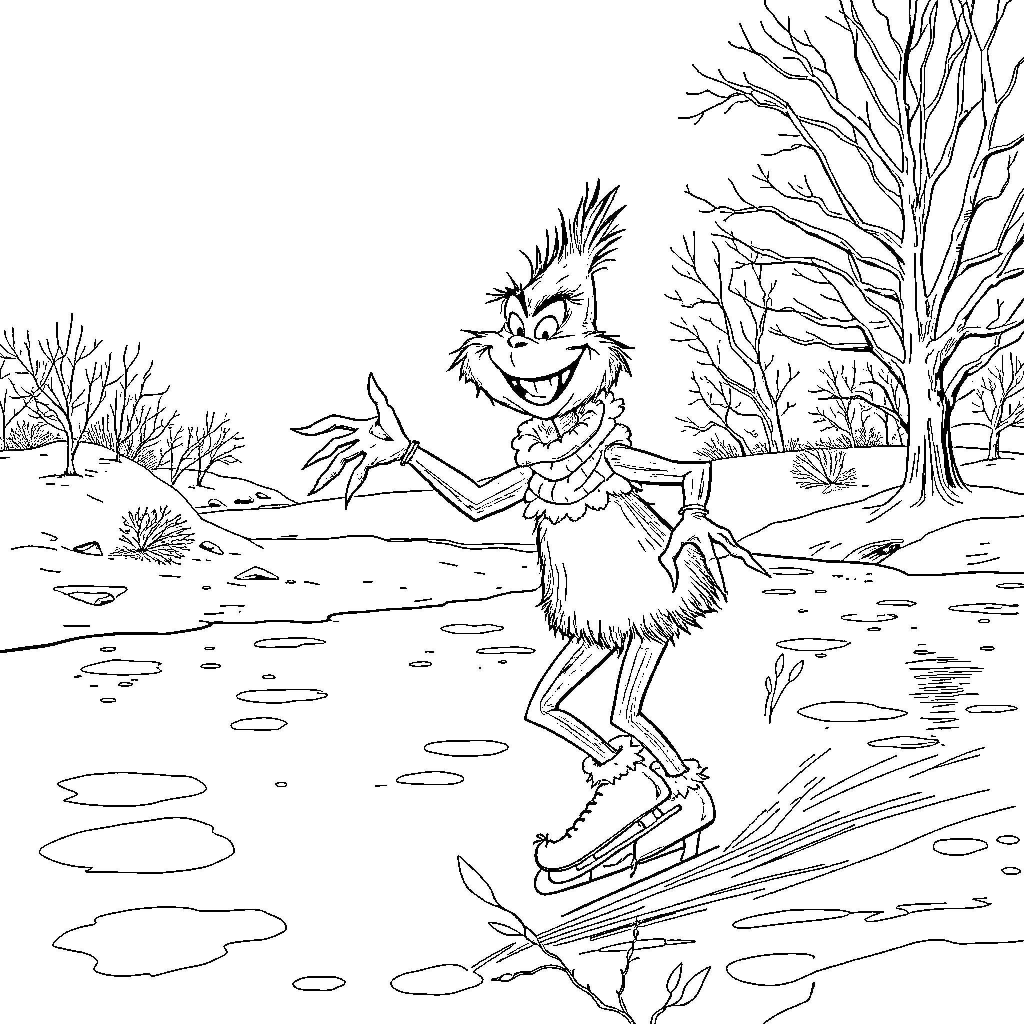 Grinch ice skating joyfully in the winter wilderness Coloring Page (free black-and-white line drawing printable PDF for all, from beginners to advanced learners, including children, teens, adults, and seniors)