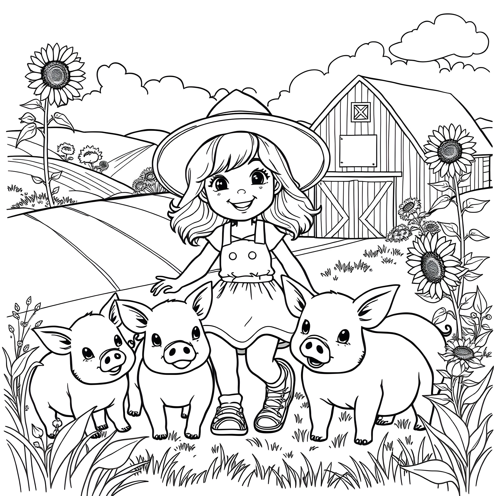 Farm Girl Smiling with Playful Piglets on the Countryside Coloring Page (free black-and-white line drawing printable PDF for all, from beginners to advanced learners, including children, teens, adults, and seniors)