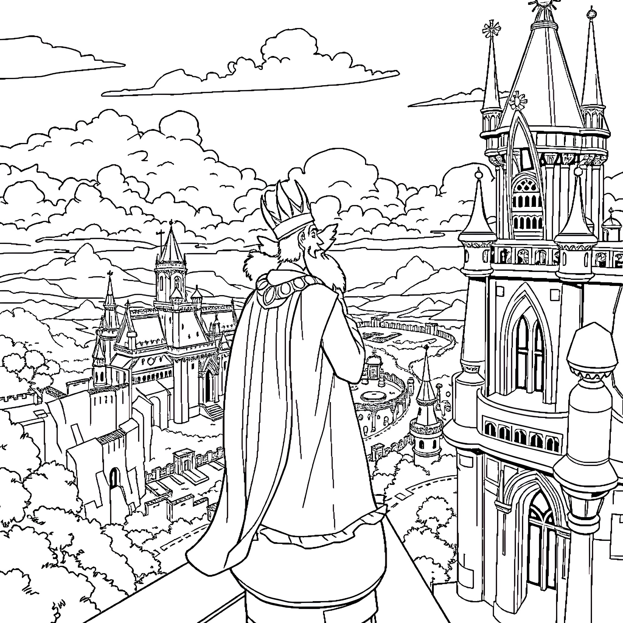 Labubu's Magnificent Castle Adventure Coloring Page (free black-and-white line drawing printable PDF for all, from beginners to advanced learners, including children, teens, adults, and seniors)