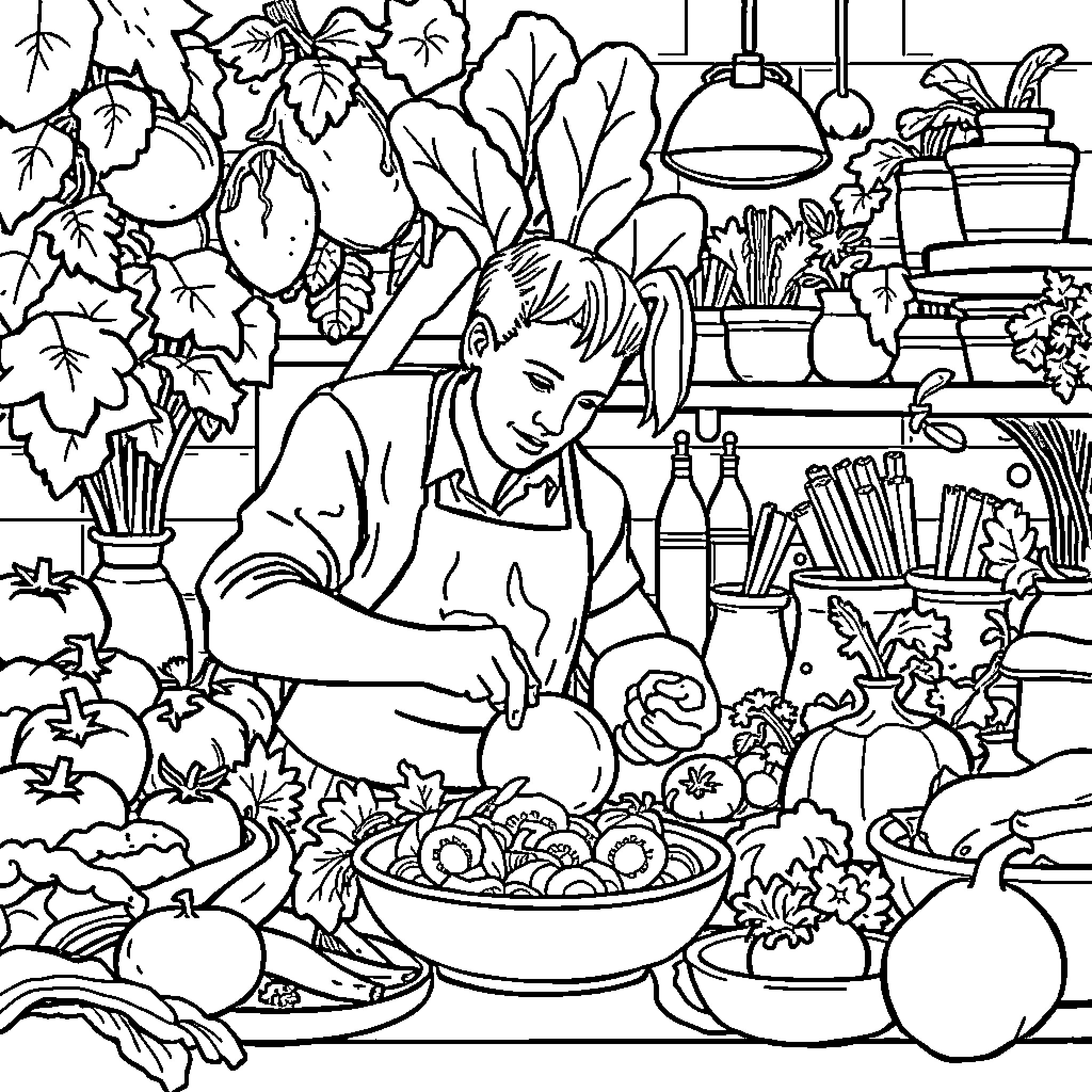 Vegeta cooking in a kitchen filled with nature Coloring Page (free black-and-white line drawing printable PDF for all, from beginners to advanced learners, including children, teens, adults, and seniors)