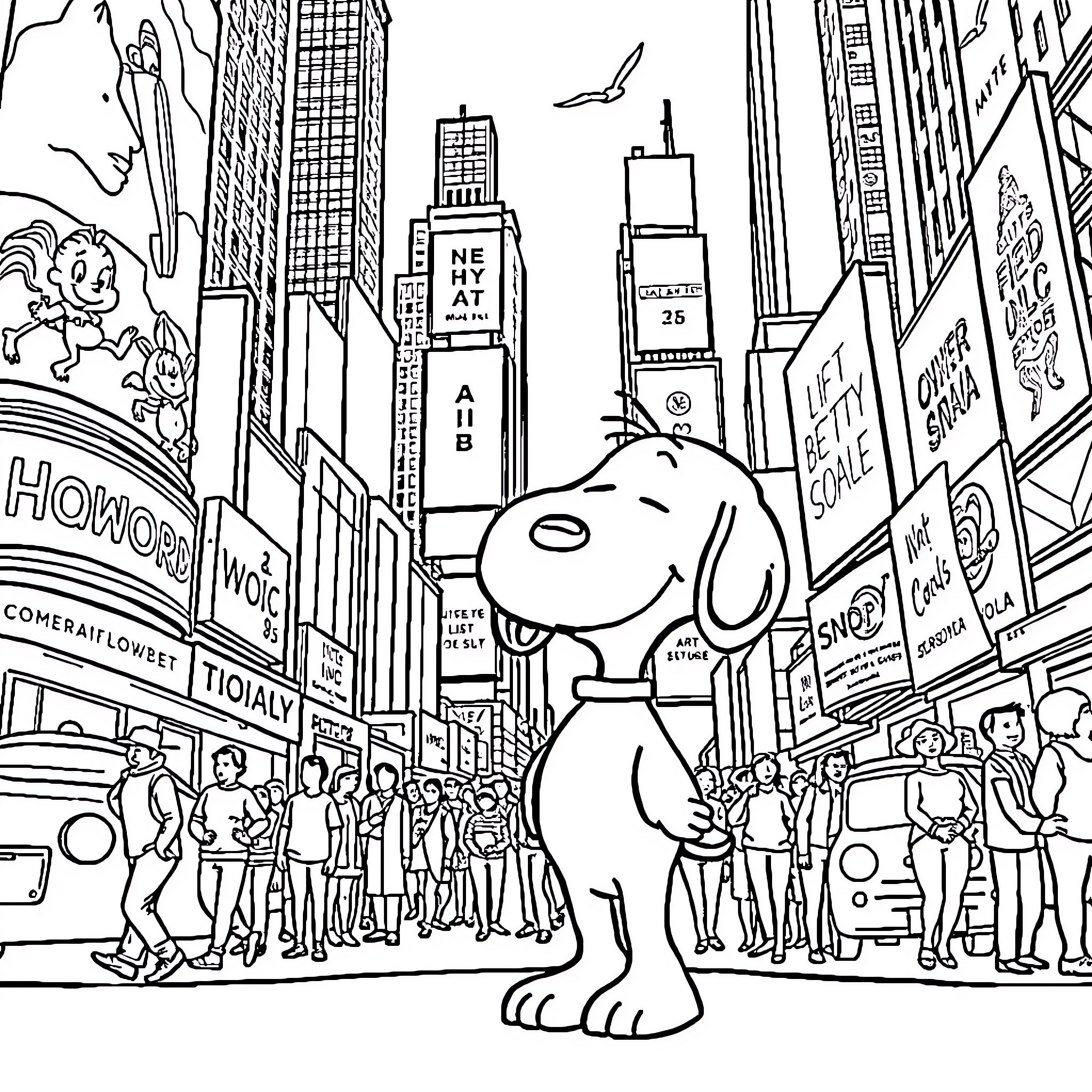 Snoopy's Excursion in the Big City Coloring Page (free black-and-white line drawing printable PDF for all, from beginners to advanced learners, including children, teens, adults, and seniors)