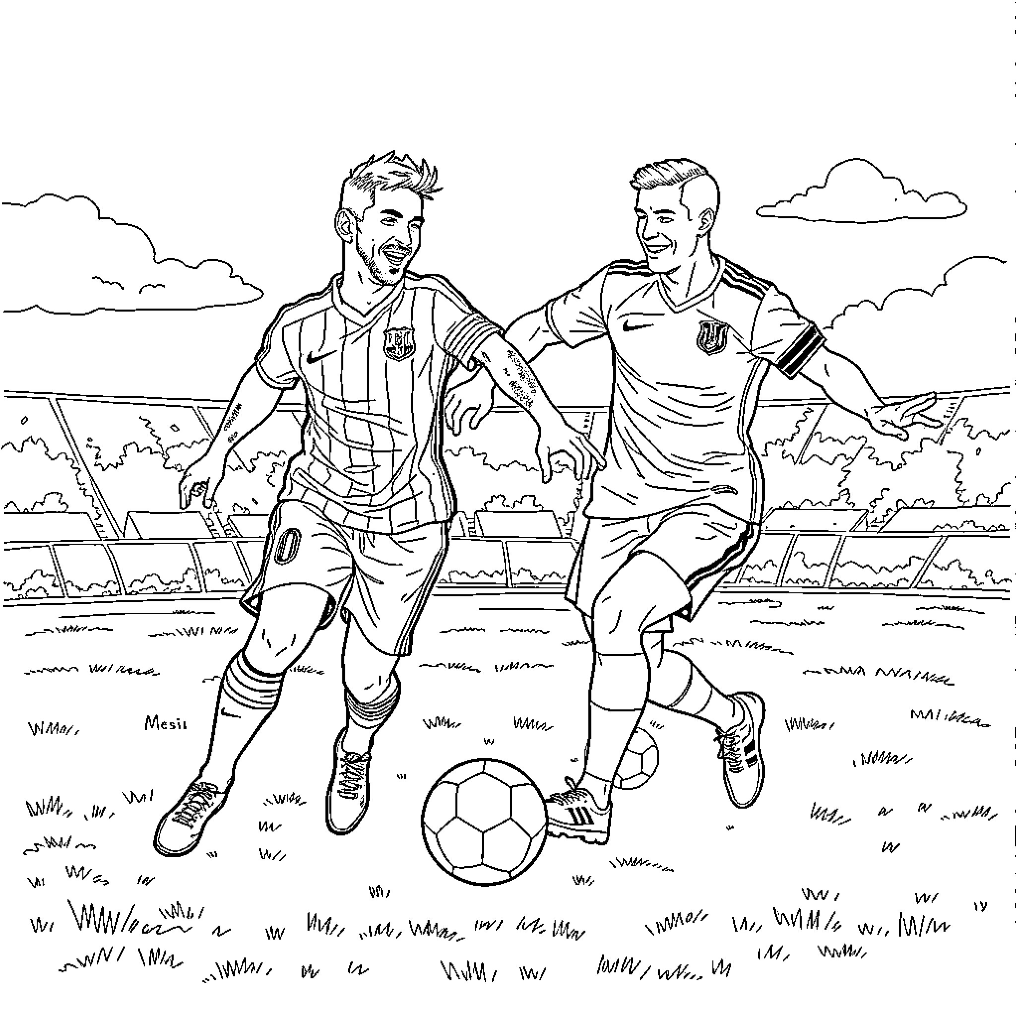 Football players in action on the field Coloring Page (free black-and-white line drawing printable PDF for all, from beginners to advanced learners, including children, teens, adults, and seniors)