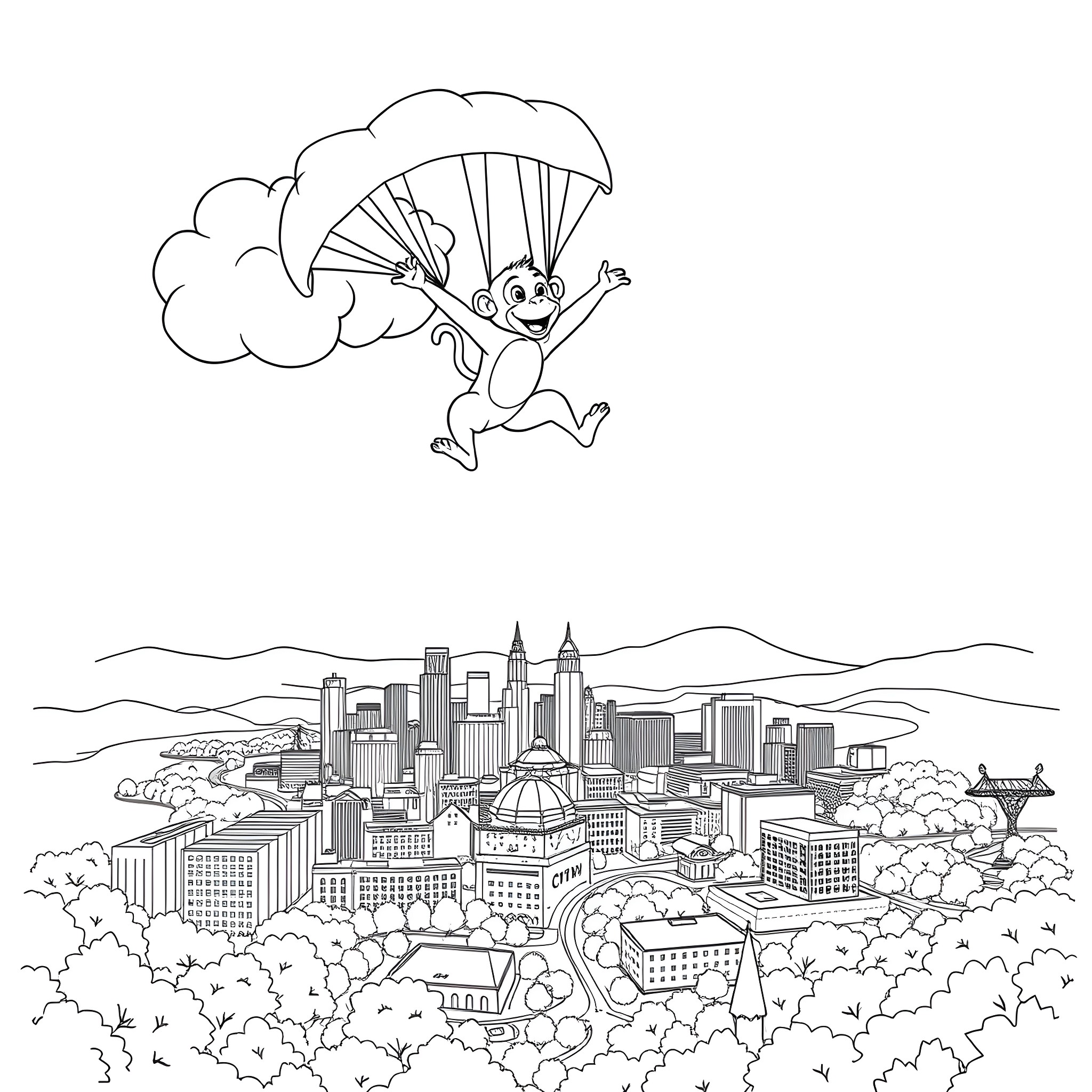 Monkey skydiving over the city Coloring Page (free black-and-white line drawing printable PDF for all, from beginners to advanced learners, including children, teens, adults, and seniors)