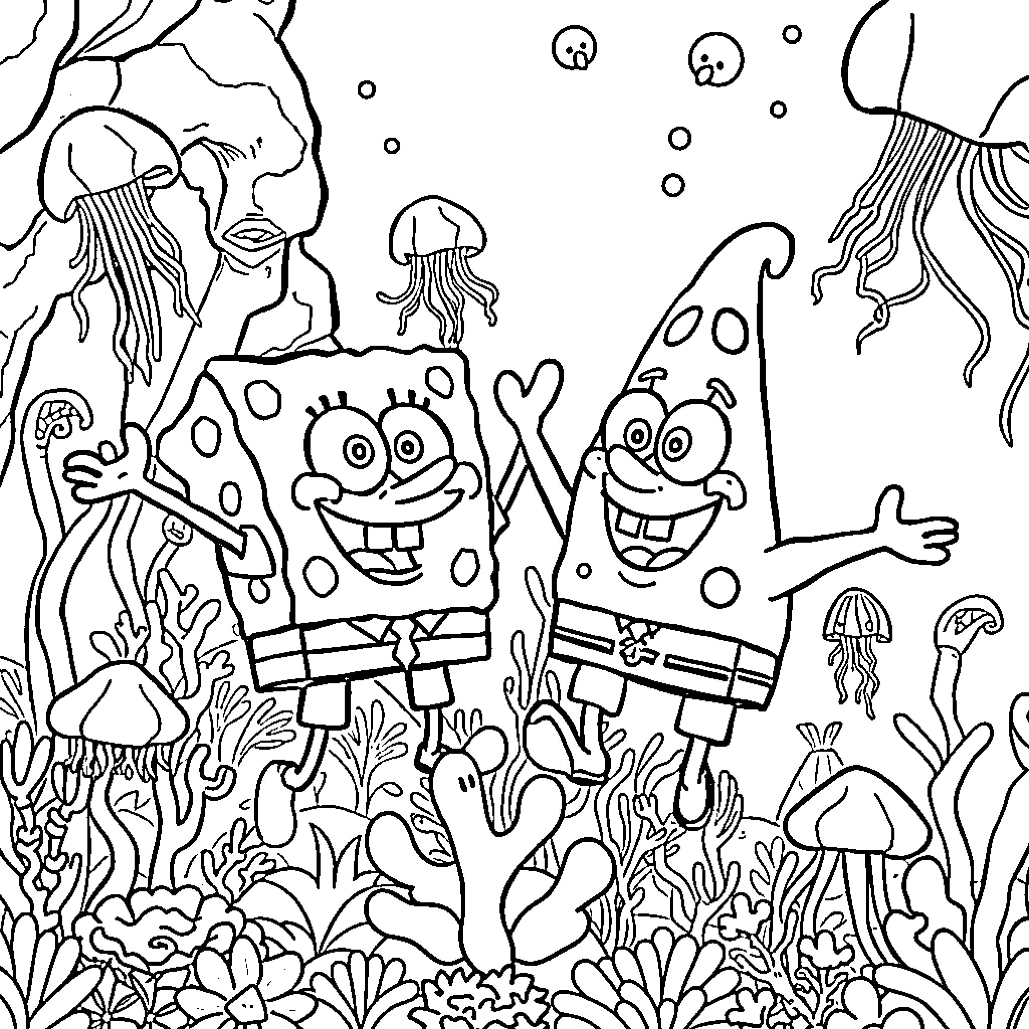 Spongebob and Patrick in an underwater adventure Coloring Page (free black-and-white line drawing printable PDF for all, from beginners to advanced learners, including children, teens, adults, and seniors)