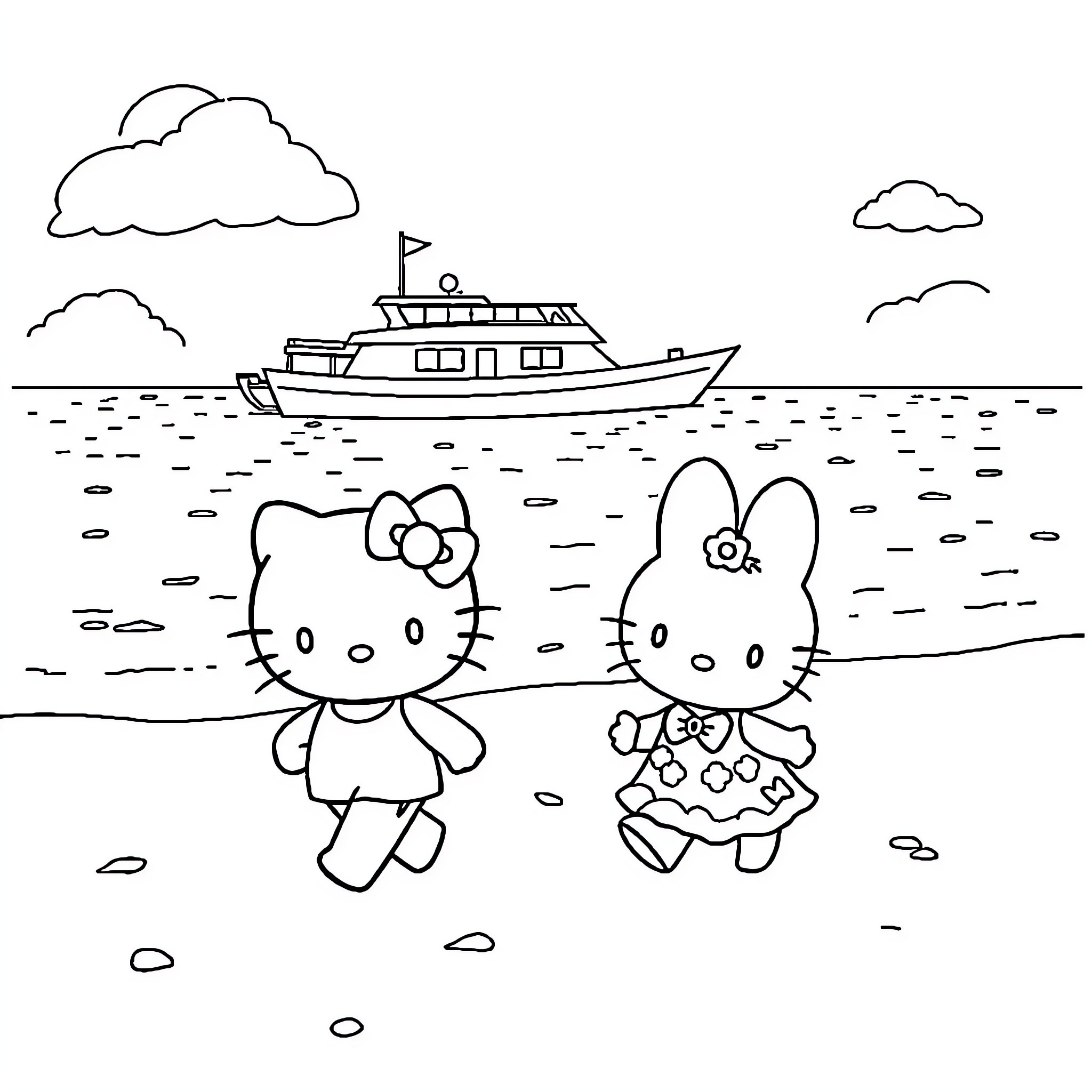 Hello Kitty and Friends Enjoying a Day at the Beach Coloring Page (free black-and-white line drawing printable PDF for all, from beginners to advanced learners, including children, teens, adults, and seniors)