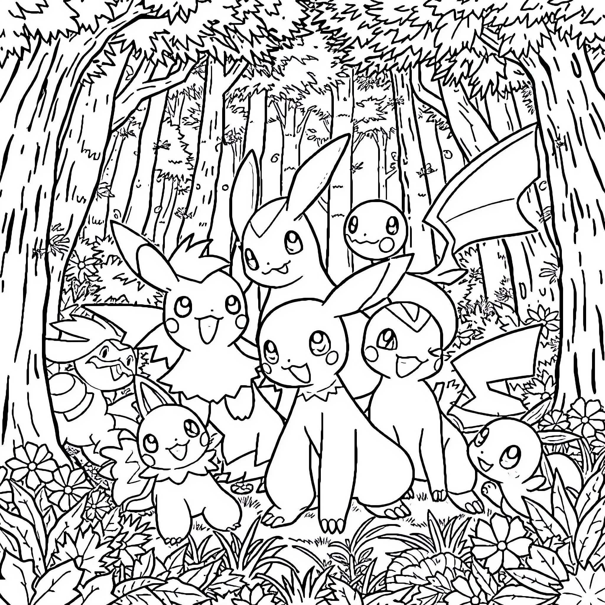 Pokémon friends exploring the enchanted forest Coloring Page (free black-and-white line drawing printable PDF for all, from beginners to advanced learners, including children, teens, adults, and seniors)