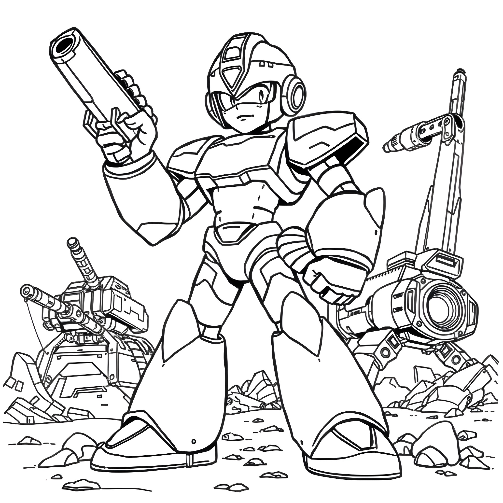Megaman battles against enemy robots in a rugged landscape Coloring Page (free black-and-white line drawing printable PDF for all, from beginners to advanced learners, including children, teens, adults, and seniors)