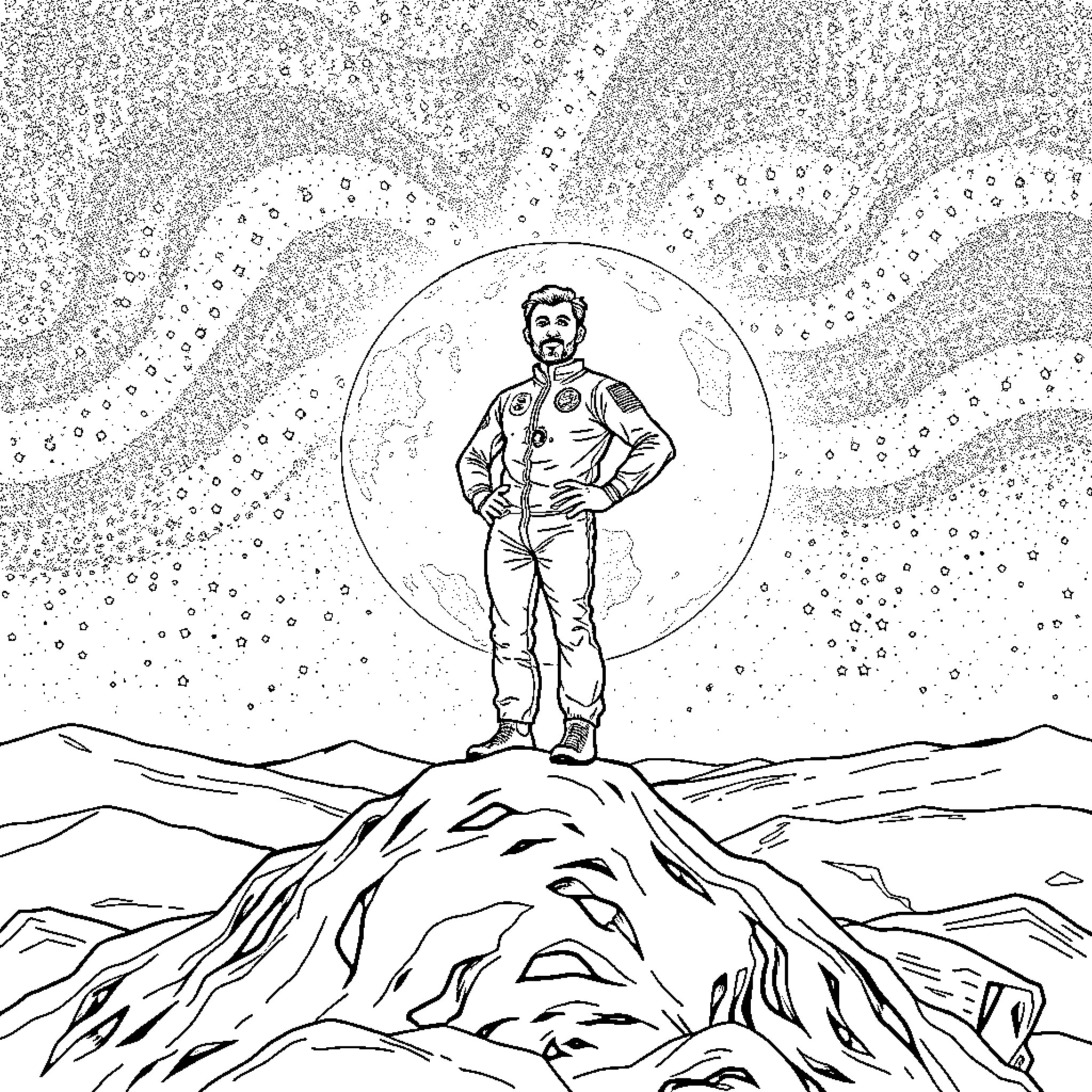 Keir Starmer standing triumphantly on a rocky mountain landscape Coloring Page (free black-and-white line drawing printable PDF for all, from beginners to advanced learners, including children, teens, adults, and seniors)