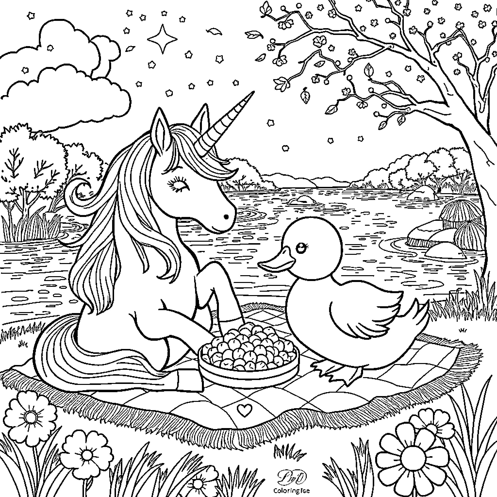 Unicorn and Duck Enjoying a Picnic in Nature Coloring Page (free black-and-white line drawing printable PDF for all, from beginners to advanced learners, including children, teens, adults, and seniors)