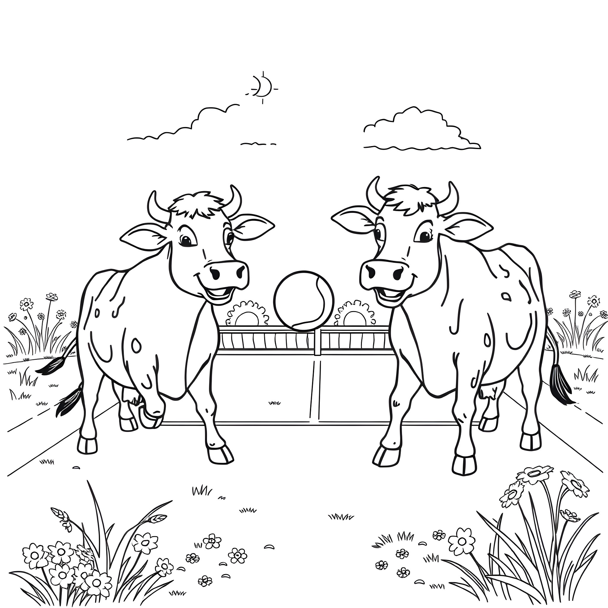 Cow pair sharing a picnic in the countryside Coloring Page (free black-and-white line drawing printable PDF for all, from beginners to advanced learners, including children, teens, adults, and seniors)