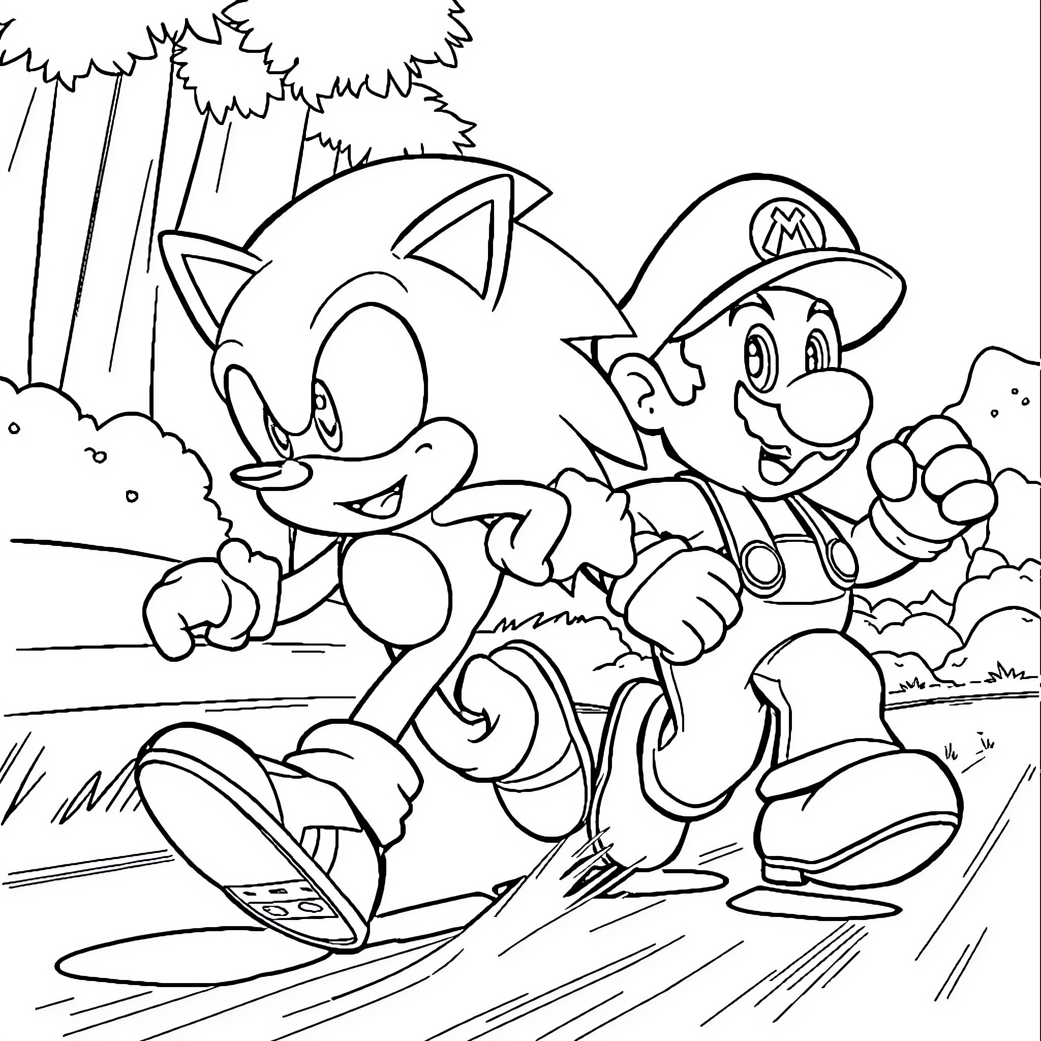 Sonic and Mario racing through the forest Coloring Page (free black-and-white line drawing printable PDF for all, from beginners to advanced learners, including children, teens, adults, and seniors)