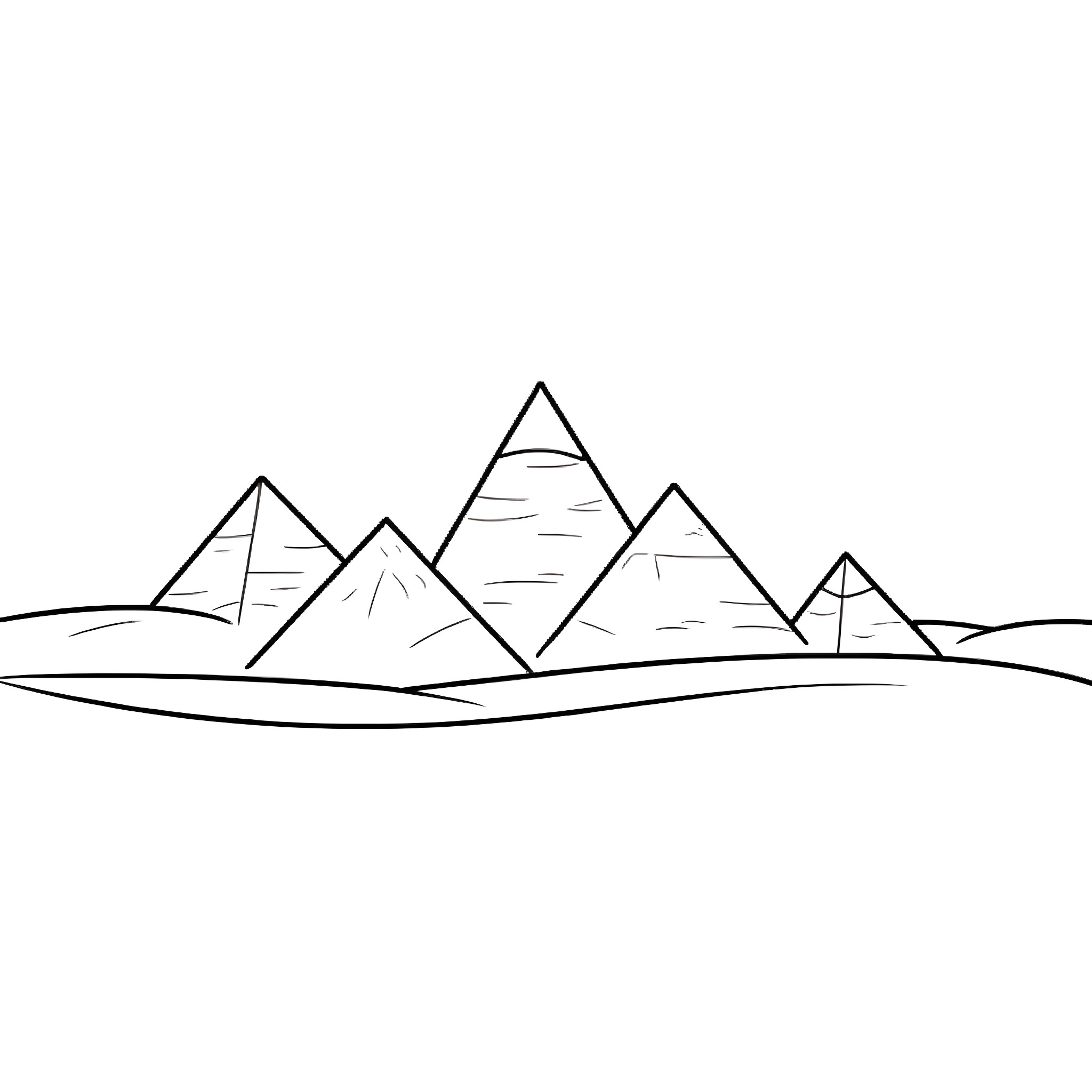 Pyramid-shaped mountains in a simple landscape Coloring Page (free black-and-white line drawing printable PDF for all, from beginners to advanced learners, including children, teens, adults, and seniors)
