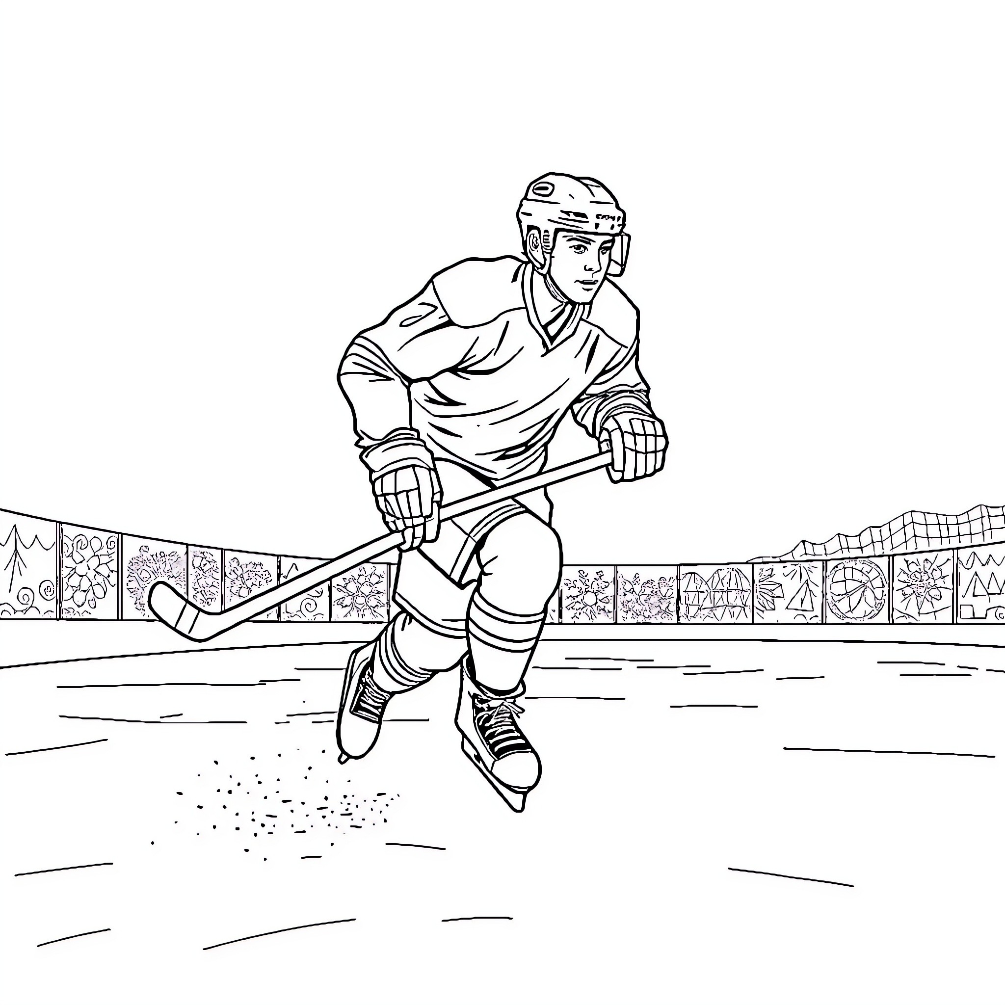 Hockey Player Skating Aggressively on the Ice Rink Coloring Page (free black-and-white line drawing printable PDF for all, from beginners to advanced learners, including children, teens, adults, and seniors)