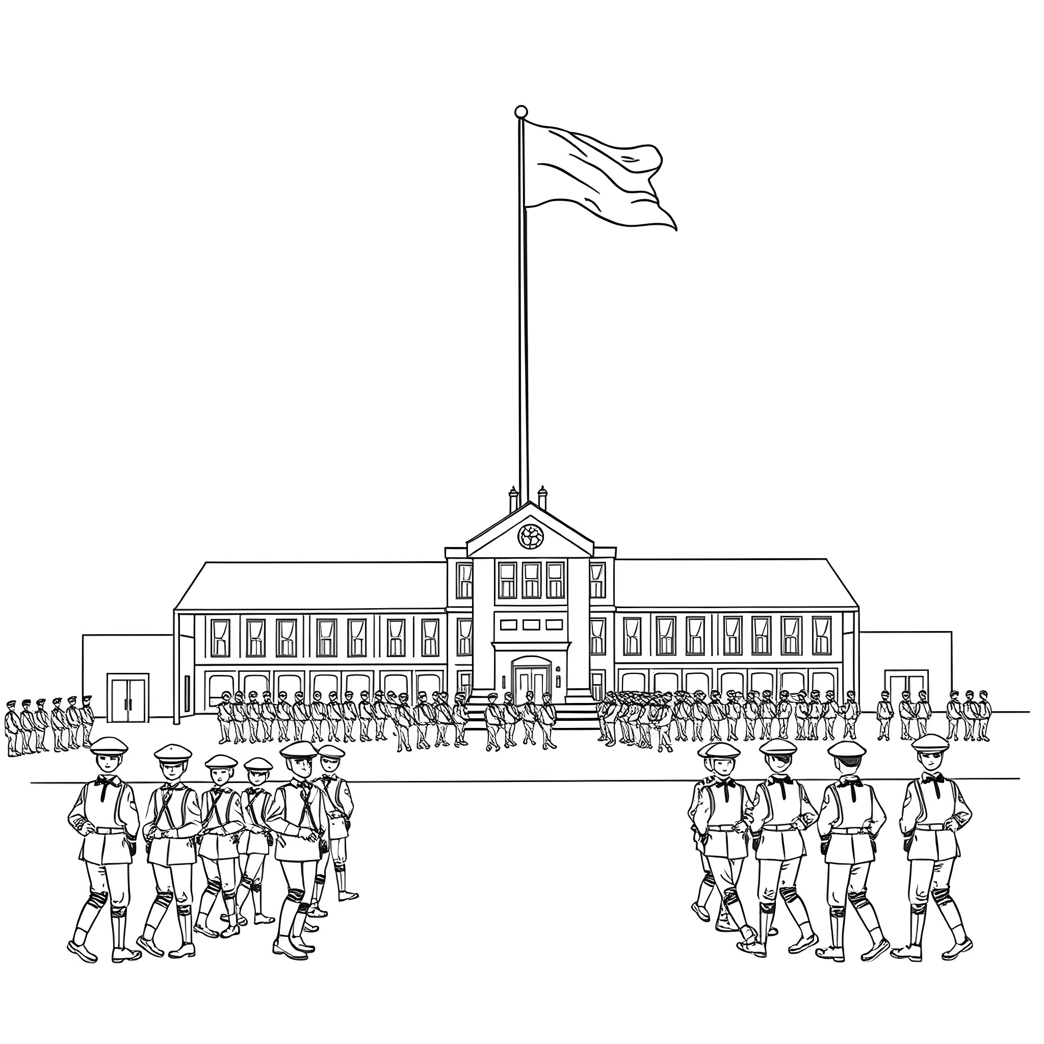 Military School Campus with Marching Students Coloring Page (free black-and-white line drawing printable PDF for all, from beginners to advanced learners, including children, teens, adults, and seniors)