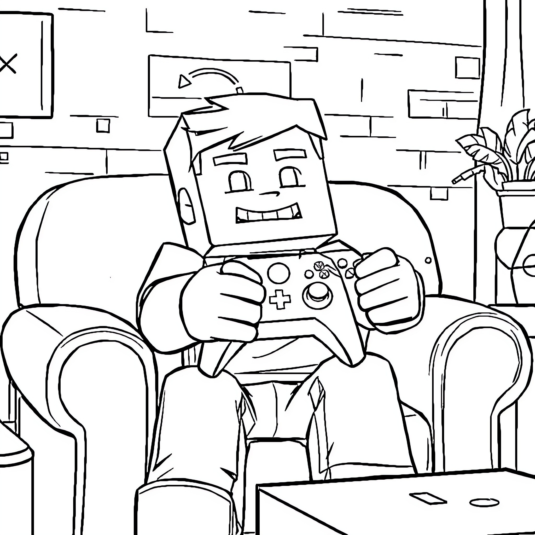 Steve playing video games in his room Coloring Page (free black-and-white line drawing printable PDF for all, from beginners to advanced learners, including children, teens, adults, and seniors)