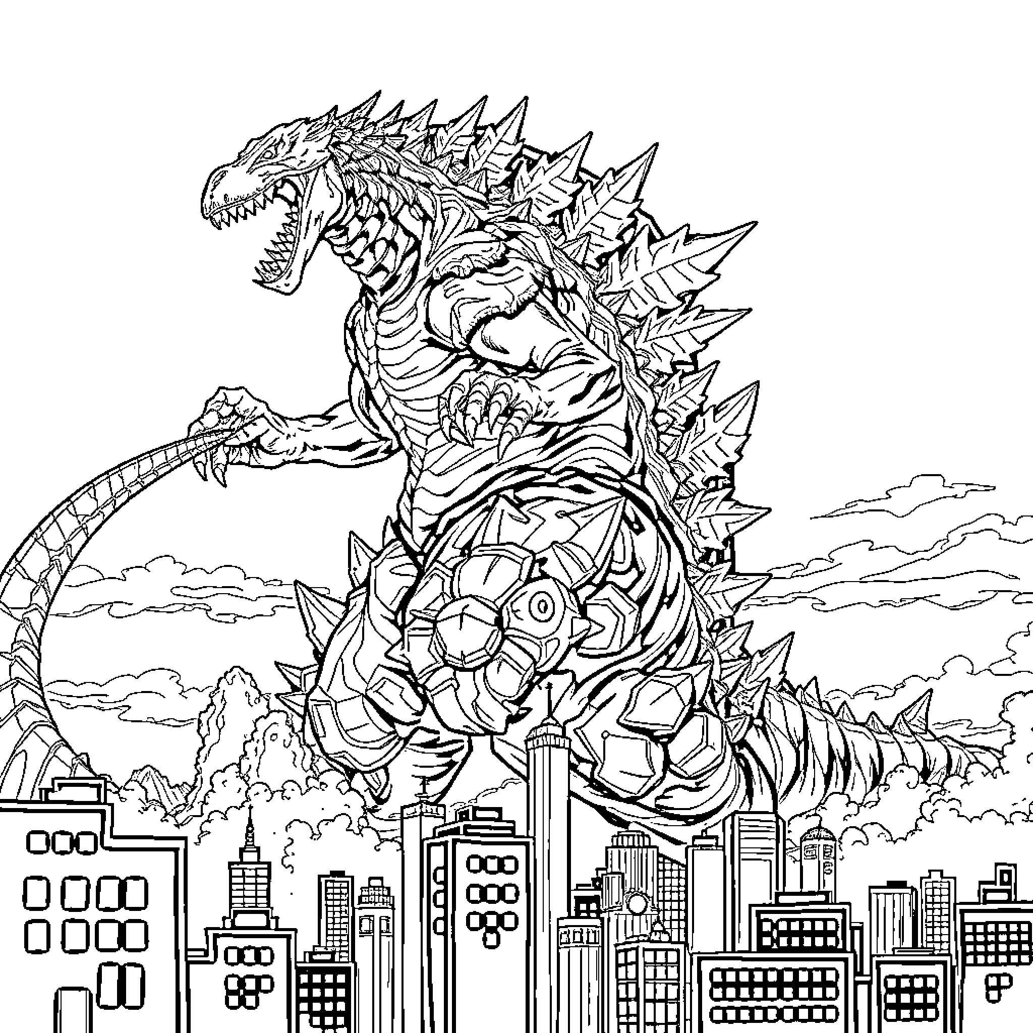 Godzilla rampaging through the city skyline Coloring Page (free black-and-white line drawing printable PDF for all, from beginners to advanced learners, including children, teens, adults, and seniors)