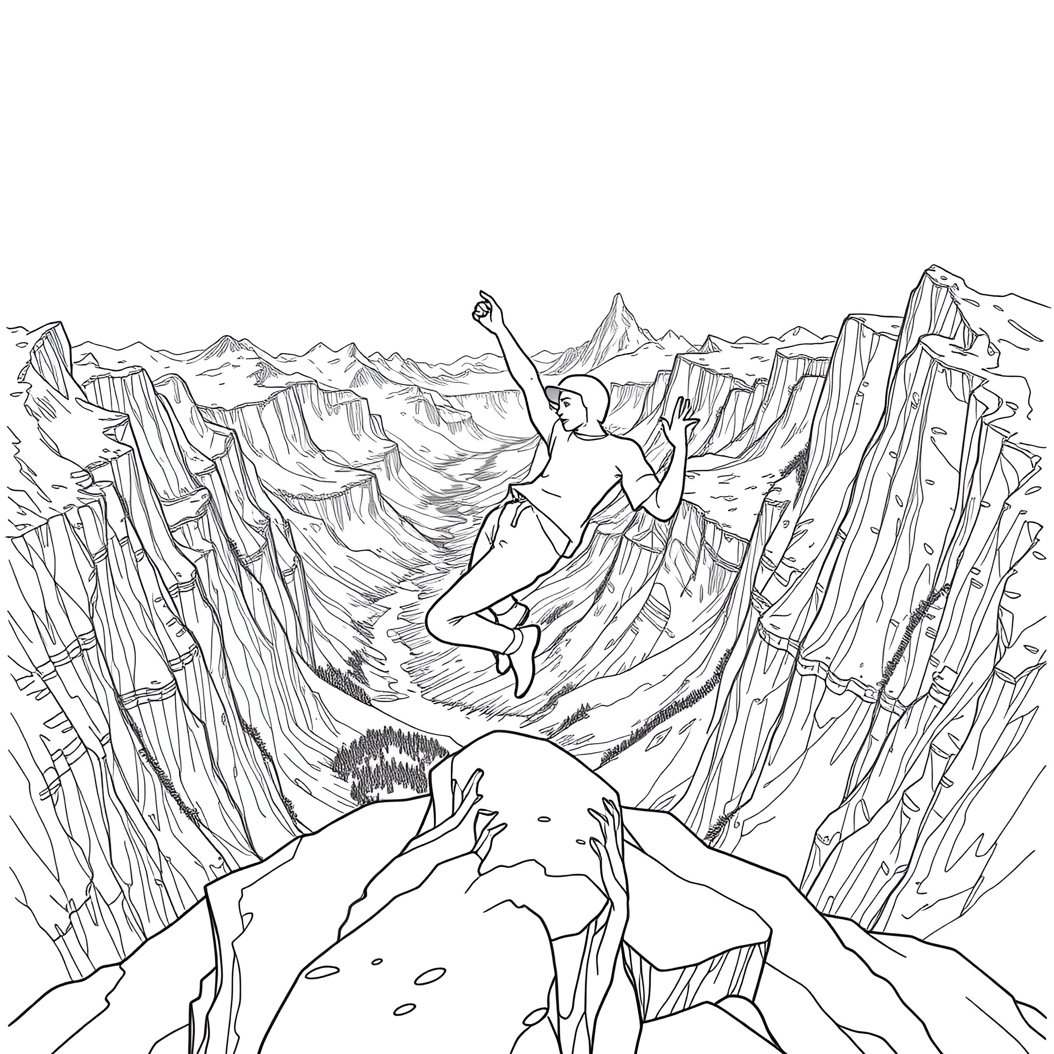 Break Dancer Performs Acrobatic Moves in Mountainous Landscape Coloring Page (free black-and-white line drawing printable PDF for all, from beginners to advanced learners, including children, teens, adults, and seniors)
