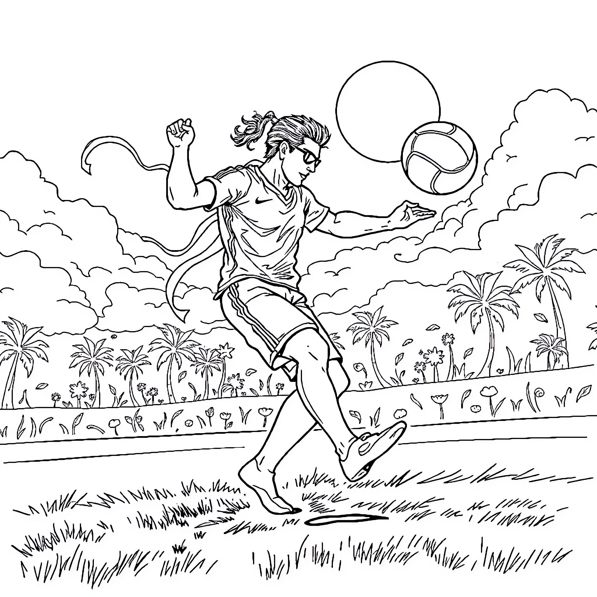 Jogador exultante em jogo de praia Coloring Page (free black-and-white line drawing printable PDF for all, from beginners to advanced learners, including children, teens, adults, and seniors)
