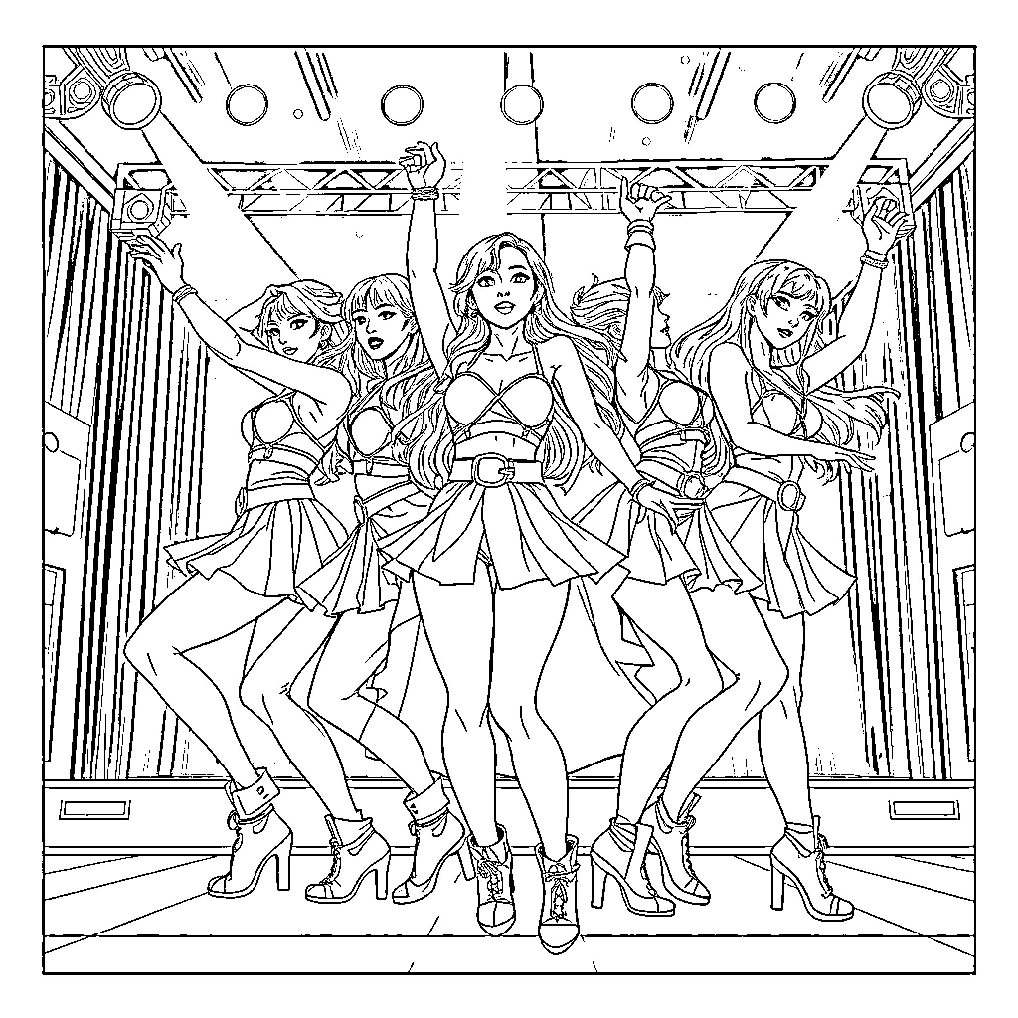 K-pop Girl Group Performing on Stage Coloring Page (free black-and-white line drawing printable PDF for all, from beginners to advanced learners, including children, teens, adults, and seniors)