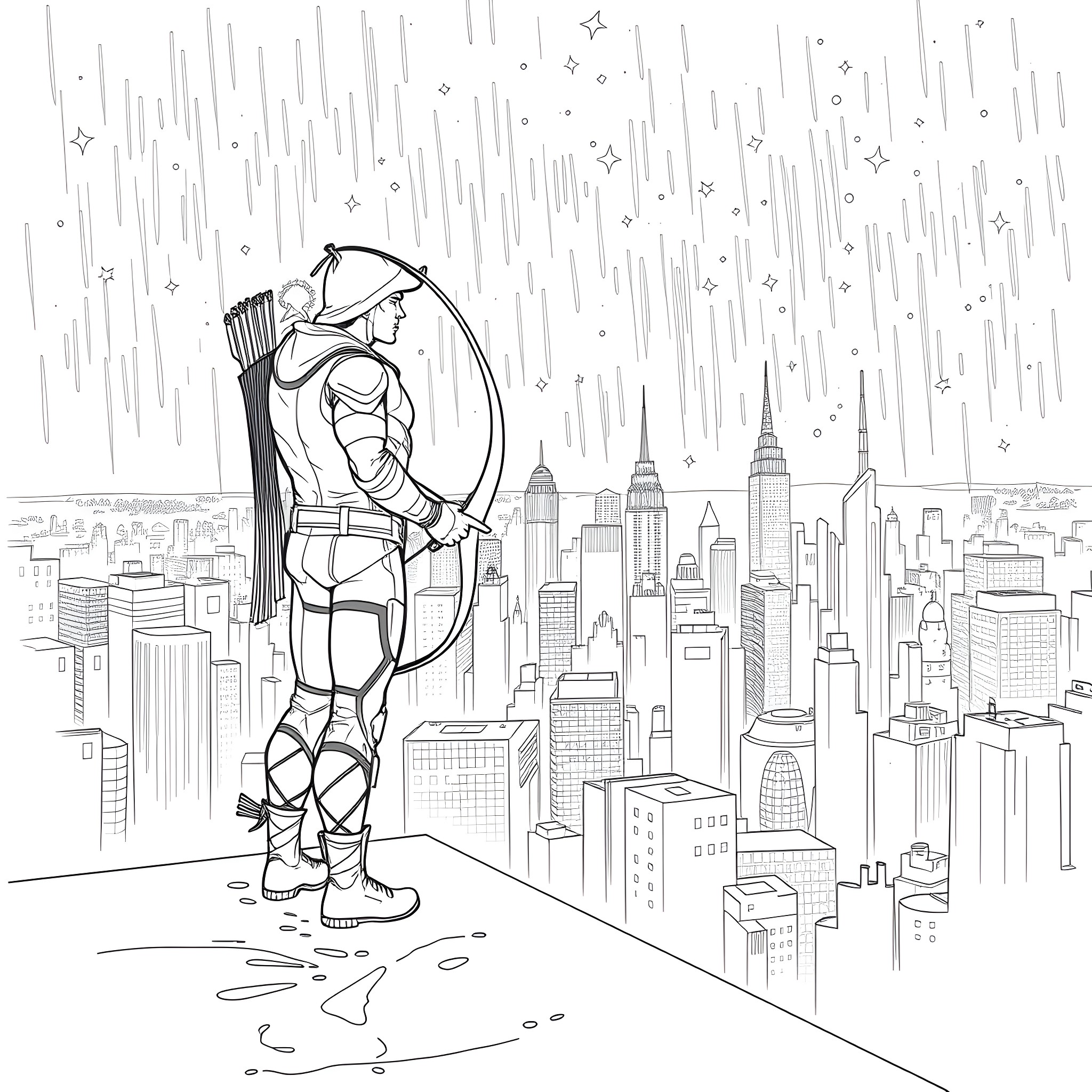 Green Arrow Heroically Defending City from Above Coloring Page (free black-and-white line drawing printable PDF for all, from beginners to advanced learners, including children, teens, adults, and seniors)