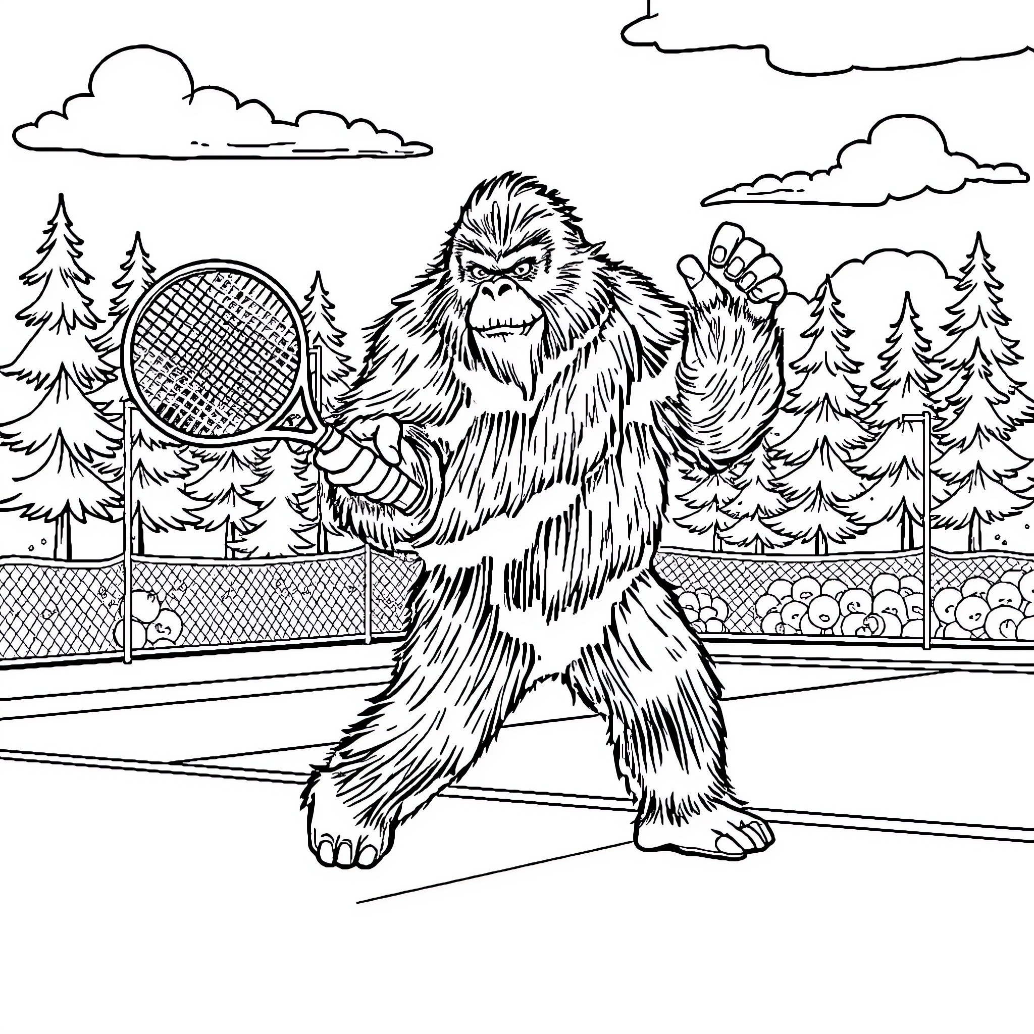 Sasquatch playing tennis in the forest Coloring Page (free black-and-white line drawing printable PDF for all, from beginners to advanced learners, including children, teens, adults, and seniors)