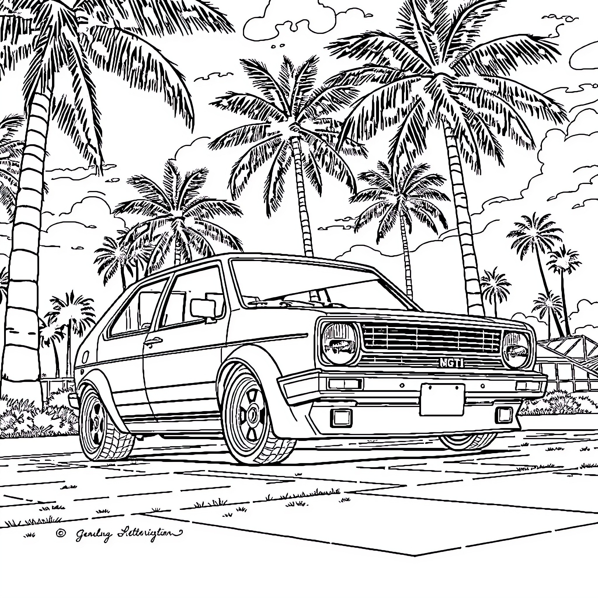 Volkswagen car cruising through tropical landscape Coloring Page (free black-and-white line drawing printable PDF for all, from beginners to advanced learners, including children, teens, adults, and seniors)