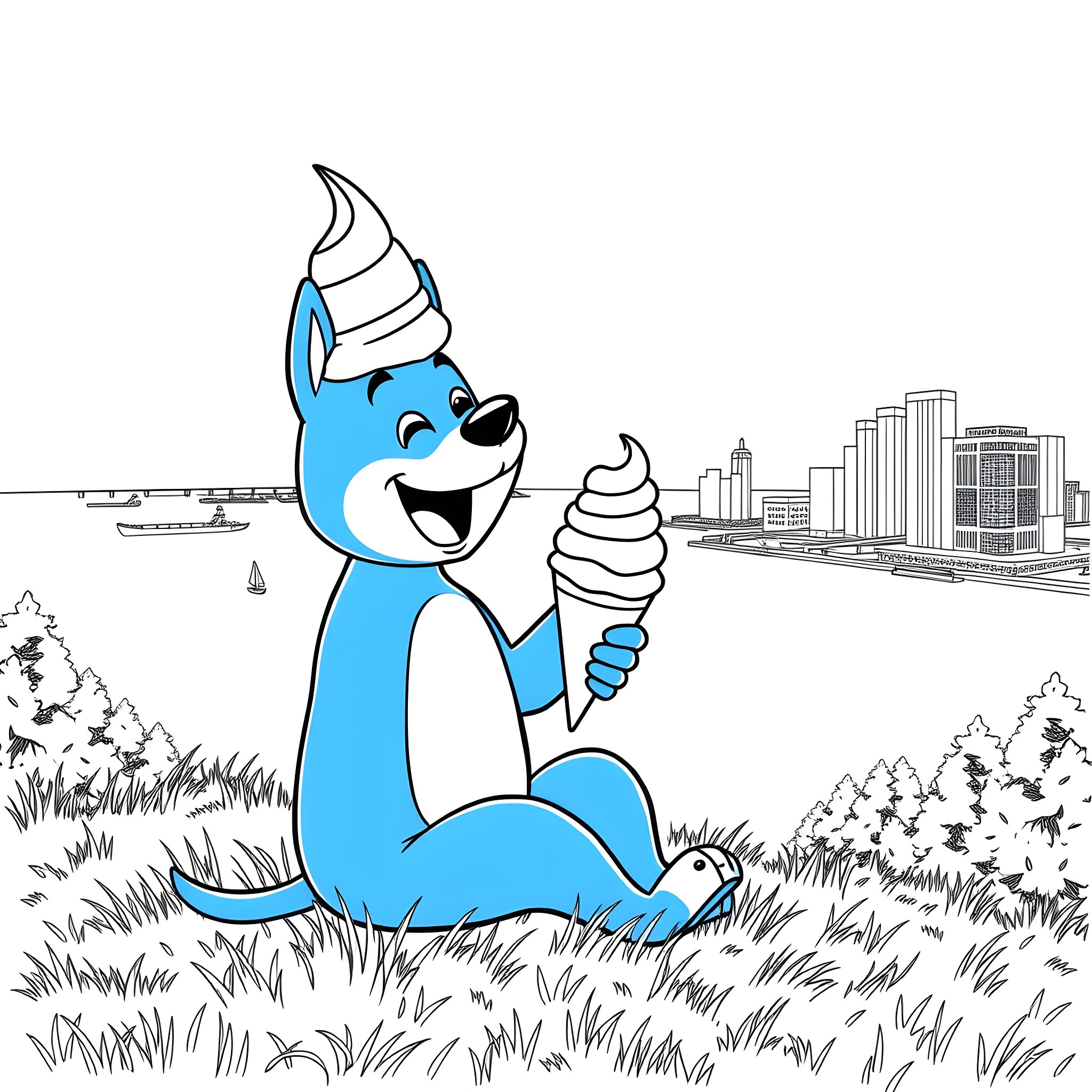 Bluey enjoying an ice cream treat in the park Coloring Page (free black-and-white line drawing printable PDF for all, from beginners to advanced learners, including children, teens, adults, and seniors)