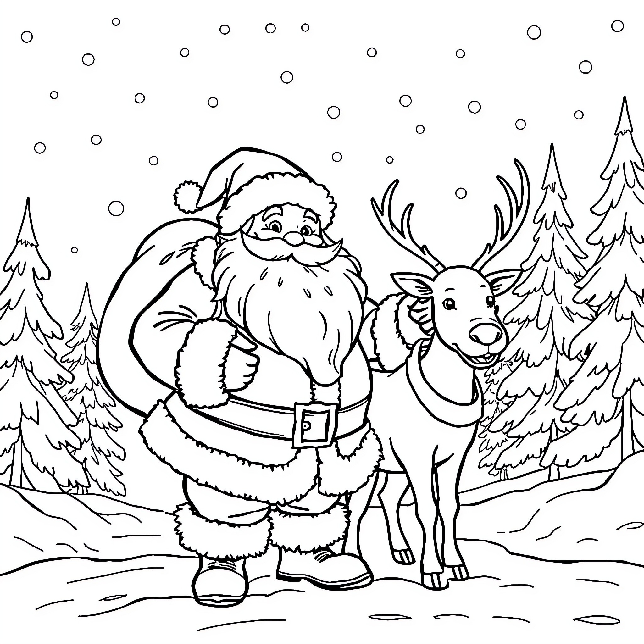 Santa's Snowy Adventure with Reindeer Coloring Page (free black-and-white line drawing printable PDF for all, from beginners to advanced learners, including children, teens, adults, and seniors)