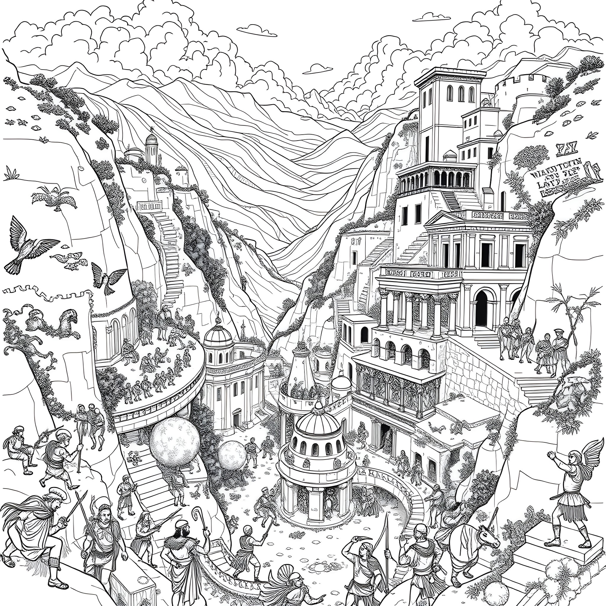 Garden of Mystical Wonders and Intricate Architecture Coloring Page (free black-and-white line drawing printable PDF for all, from beginners to advanced learners, including children, teens, adults, and seniors)