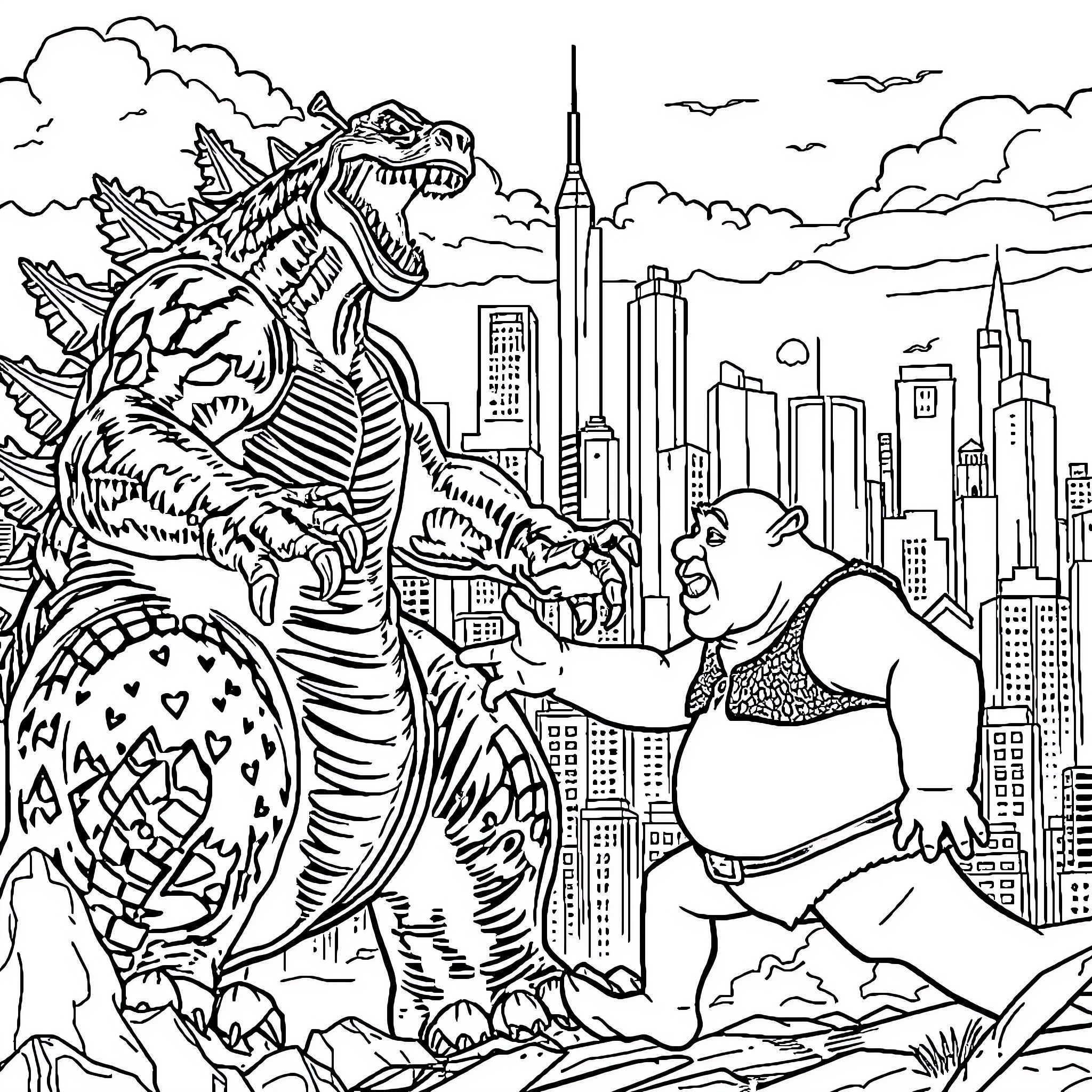 Shrek facing a monstrous dragon in the city Coloring Page (free black-and-white line drawing printable PDF for all, from beginners to advanced learners, including children, teens, adults, and seniors)